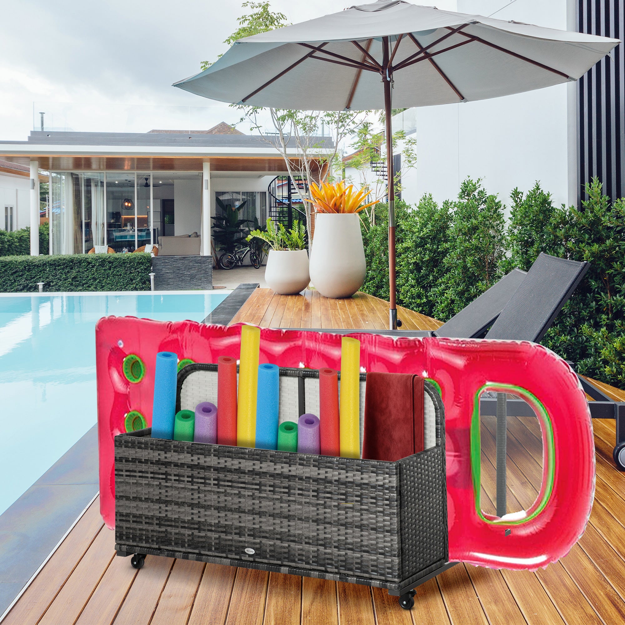 Outsunny Rolling Pool Storage Rattan Patio Furniture Outdoor Storage Wicker Organizer for Floats, Paddles, Balls, Towels, Grey