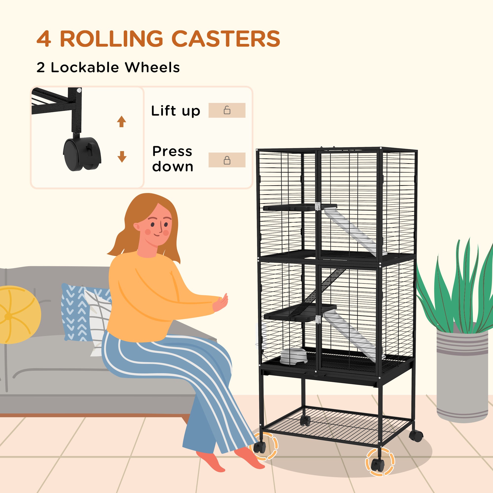 PawHut Rolling Small Animal Cage 53.5"H Chinchilla Cage for Ferrets, Squirrels w/ Removable Tray, Storage Shelf, Black