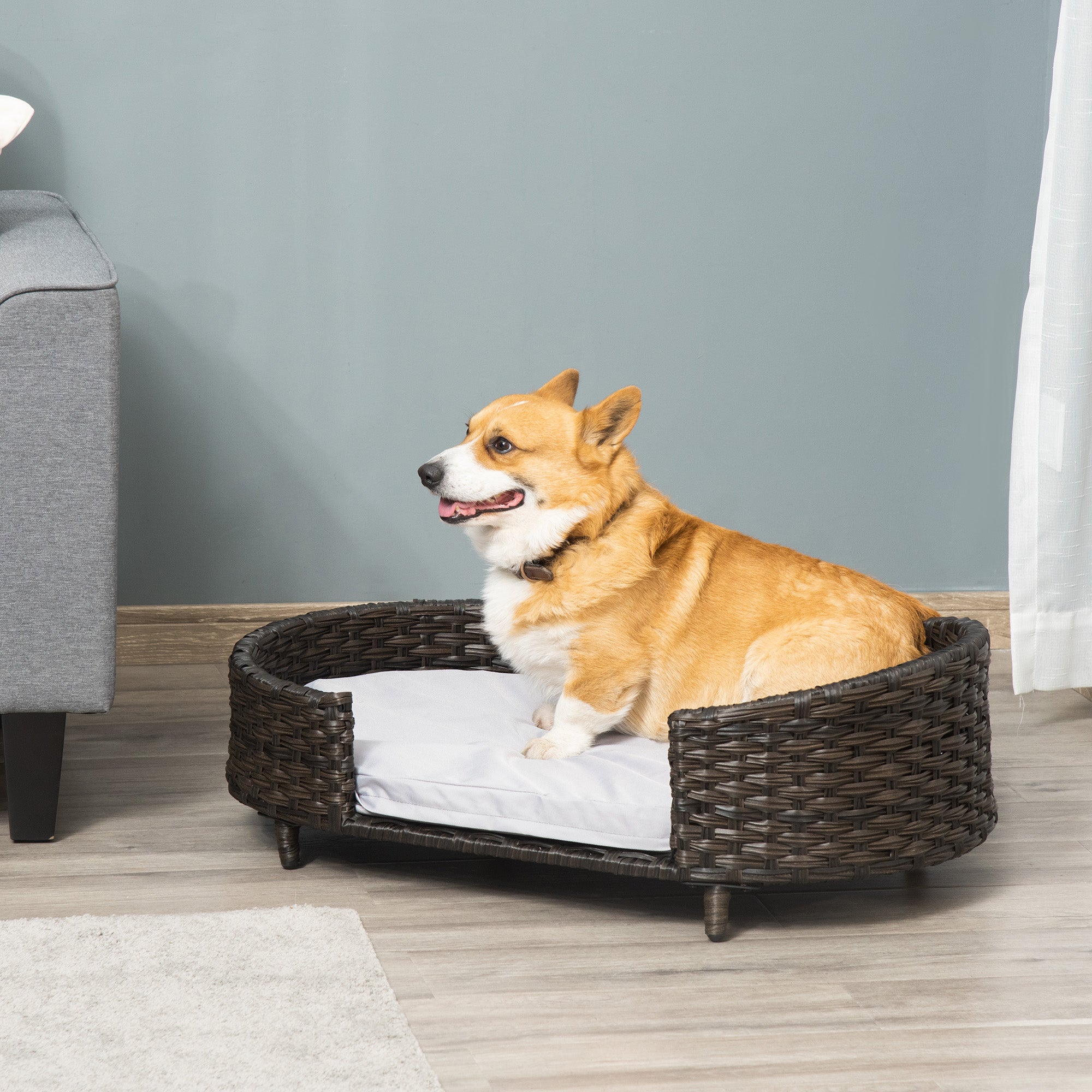 PawHut Raised Ratten Dog Bed Sofa, Elevated Wicker Cat Couch Bed with Removable Soft Cushion Washable Cover, for Small & Medium Dogs, Charcoal Grey