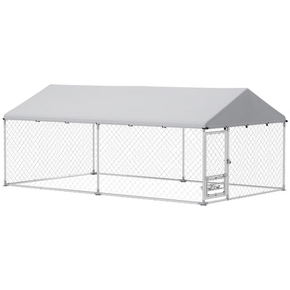 PawHut Outdoor Dog Run w/ Adjustable & Rotating Bowls, Waterproof UV-Resistant Cover, Secure Lock, 13.1' x 7.5' x 5.2'