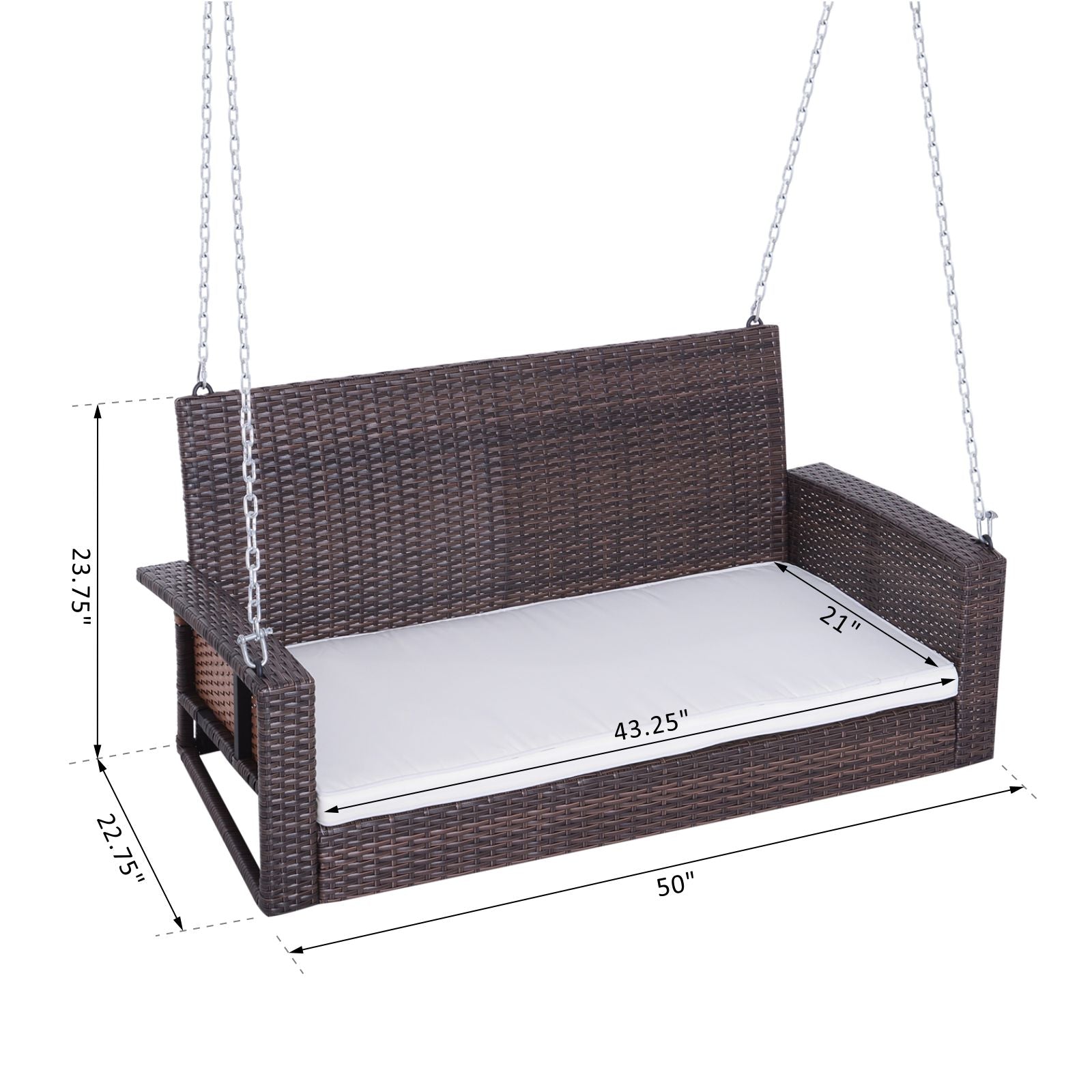 Outsunny 2-Person Patio Porch Swing Chair, Outdoor Rattan Hanging Bench with Cushion & 7.2 ft Steel Chains, Beige