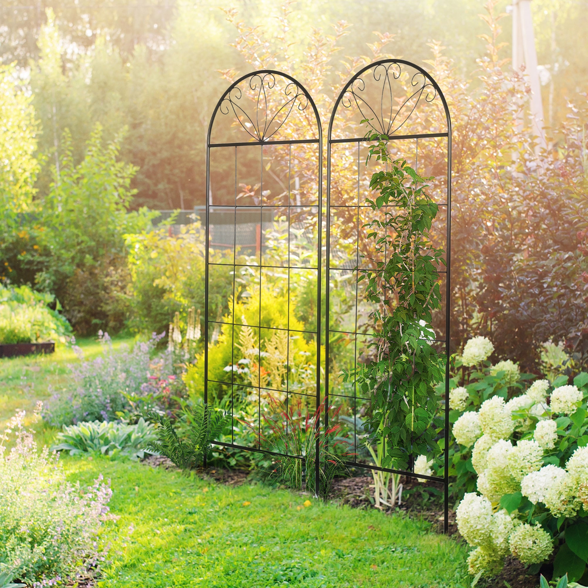 Outsunny Metal Garden Trellis Pack of 2 for Climbing Plants, Arched Grid Trellis Panels, 20" x 60", Black