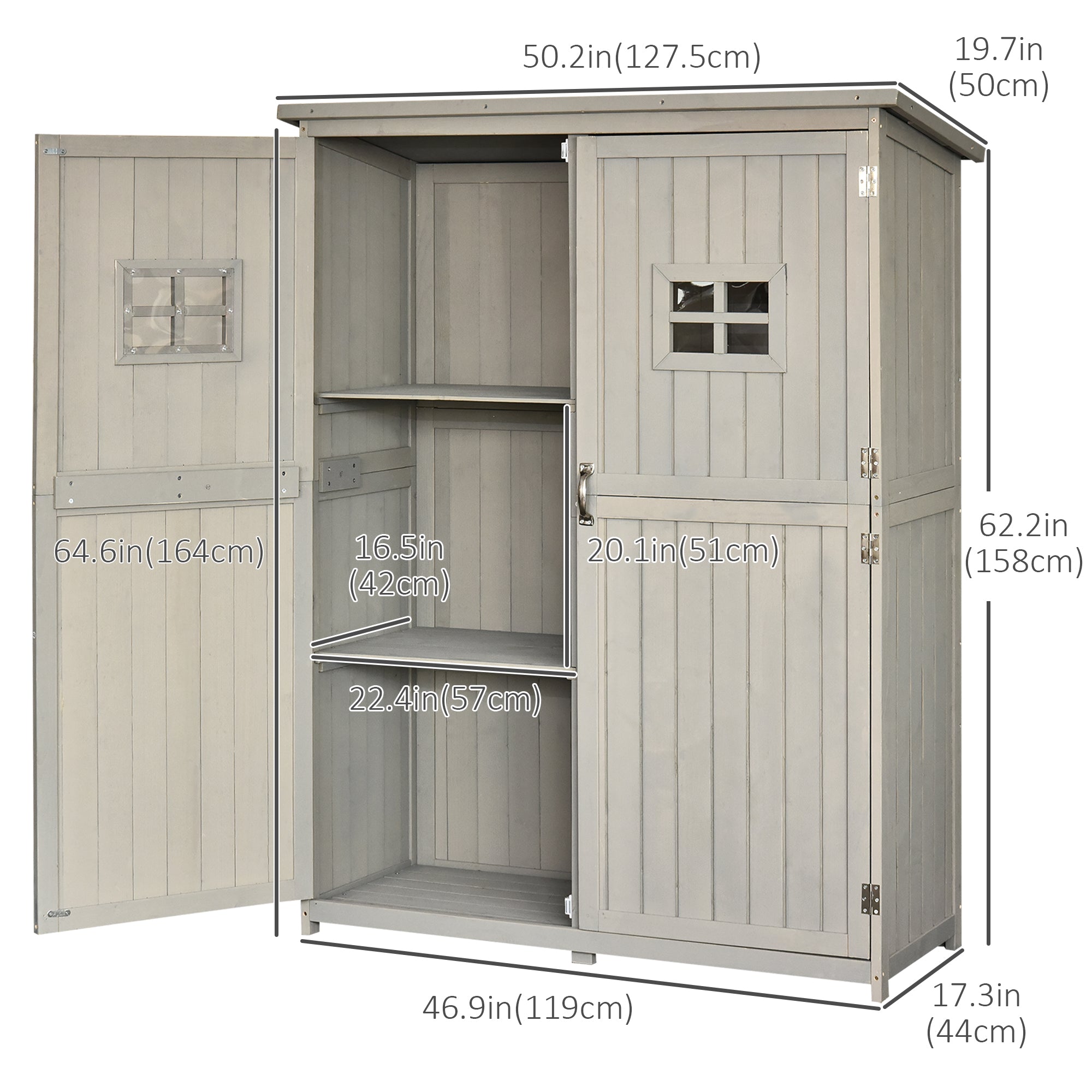 Outsunny 4x1.5ft Wooden Garden Storage Shed, Outdoor Tool Cabinet Organizer with Windows and Double Door, Grey
