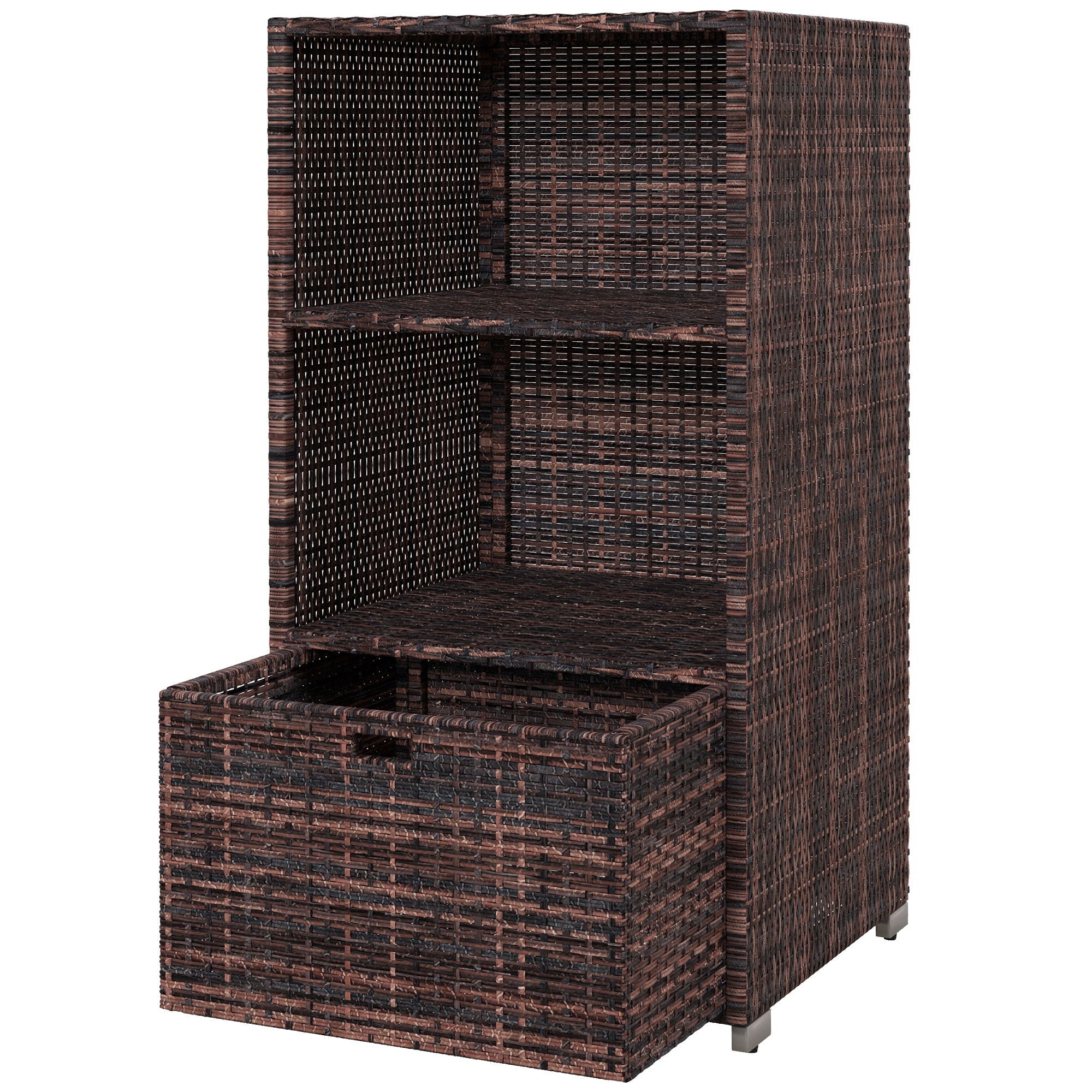 Outsunny Outdoor Storage Cabinet, Patio Storage Box Rack Rattan Wicker Pool Towel Valet Organizer Poolside Garden Lawn Bathroom Furniture Shelf w/ Shelf Drawer, Mixed Brown