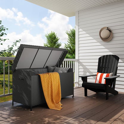Outsunny 165 Gallon Deck Box, Wicker Outdoor Patio Storage Box with Waterproof Liner, Gas Strut and Universal Wheels, Black