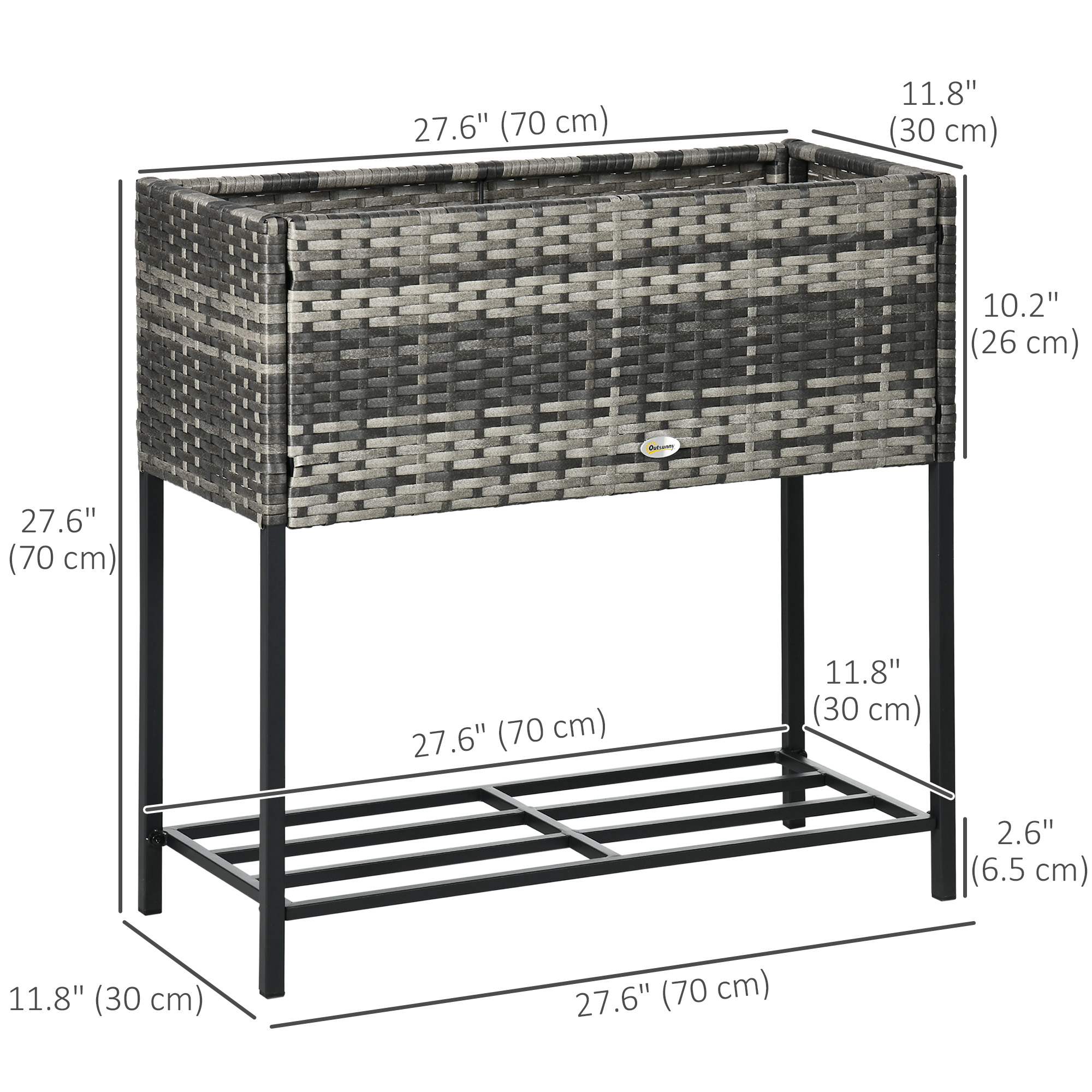 Outsunny Rattan Raised Garden Boxes, Elevated Flower Beds with Storage Shelf for Herbs, Flowers, Vegetables, Mixed Grey