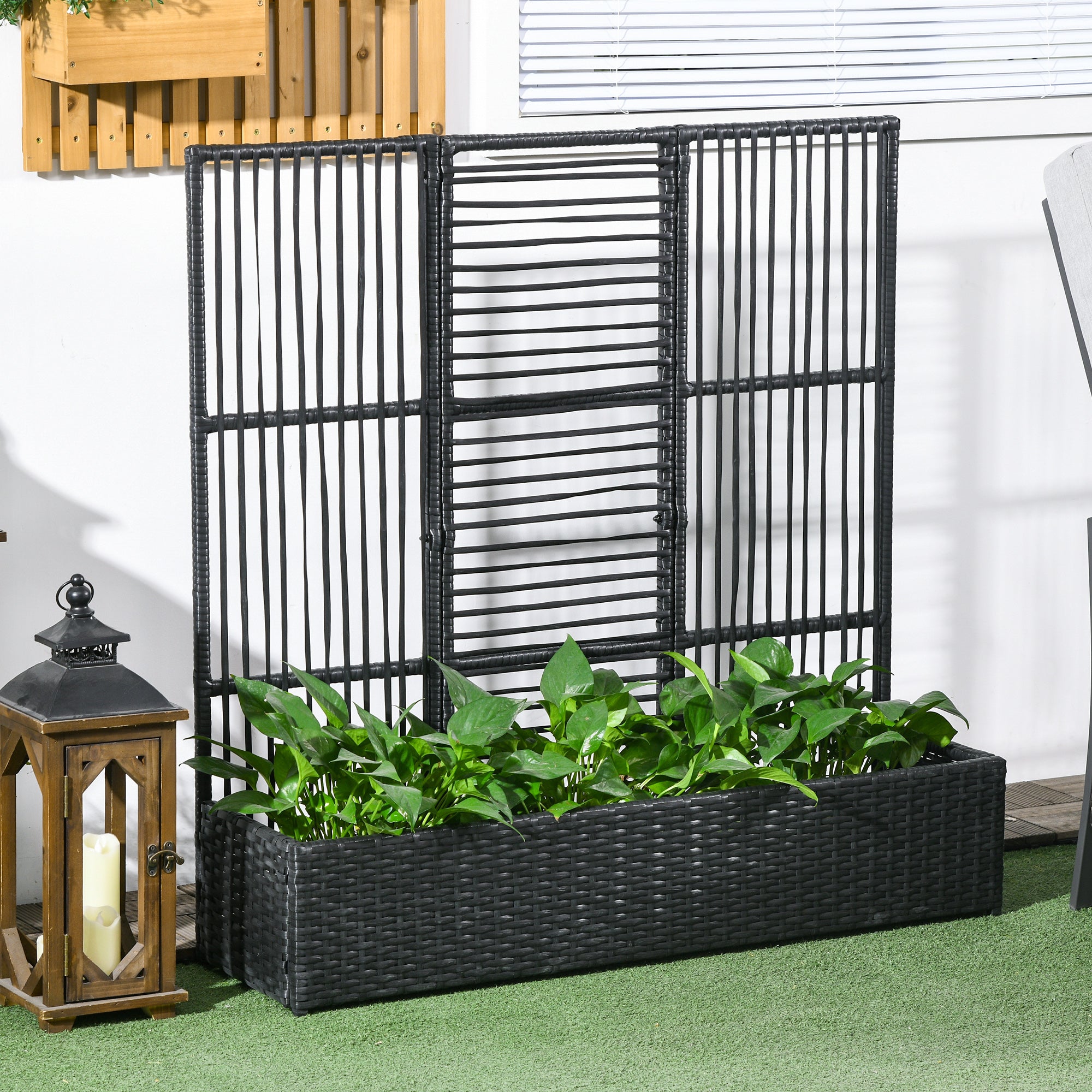 Outsunny Raised Garden Bed with Lattice Trellis, Rattan Outdoor Planter with Storage for Garden, Patio, Balcony, Black