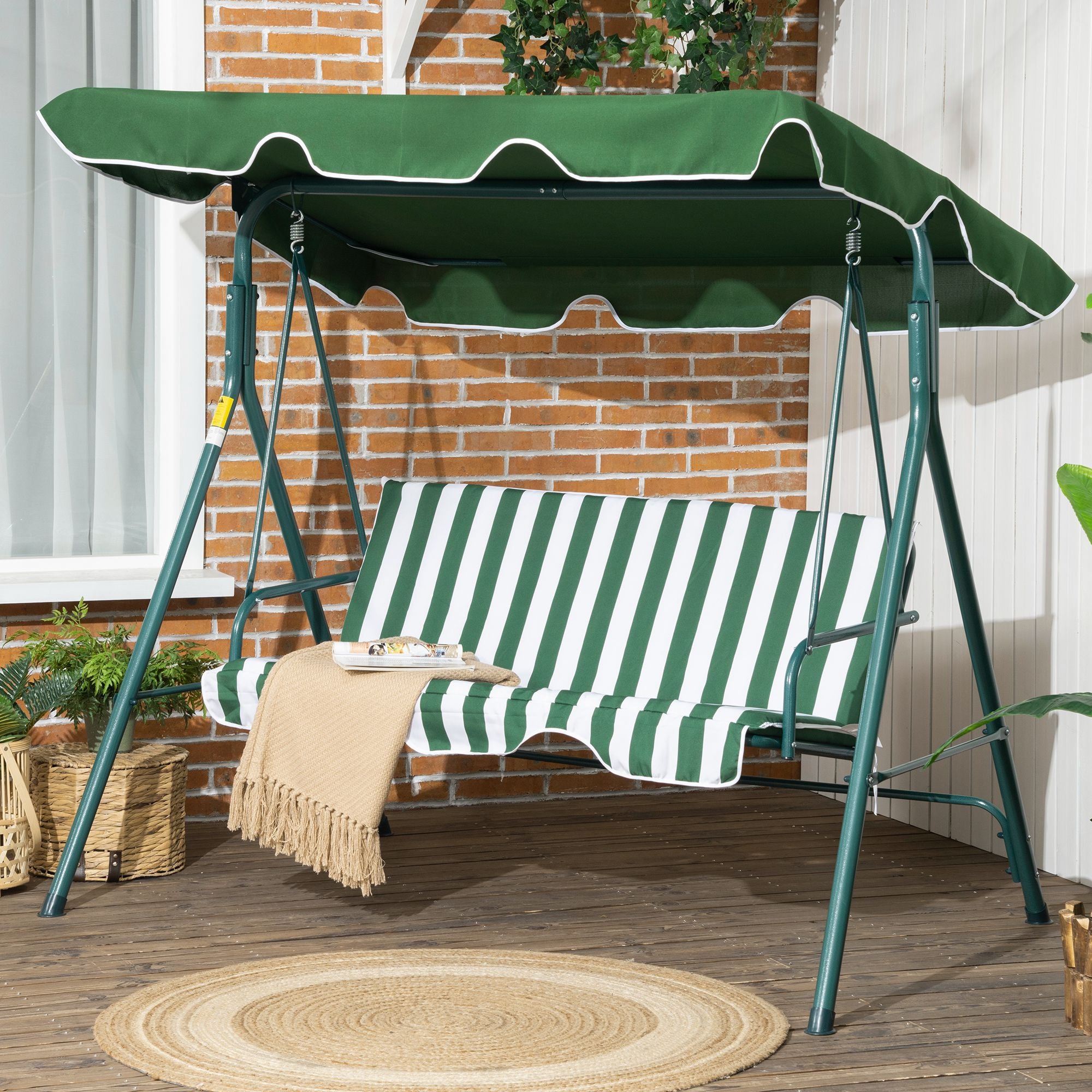 Outsunny 3-Seater Outdoor Porch Swing with Adjustable Canopy, Patio Swing Chair for Garden, Poolside, Backyard, Green and White