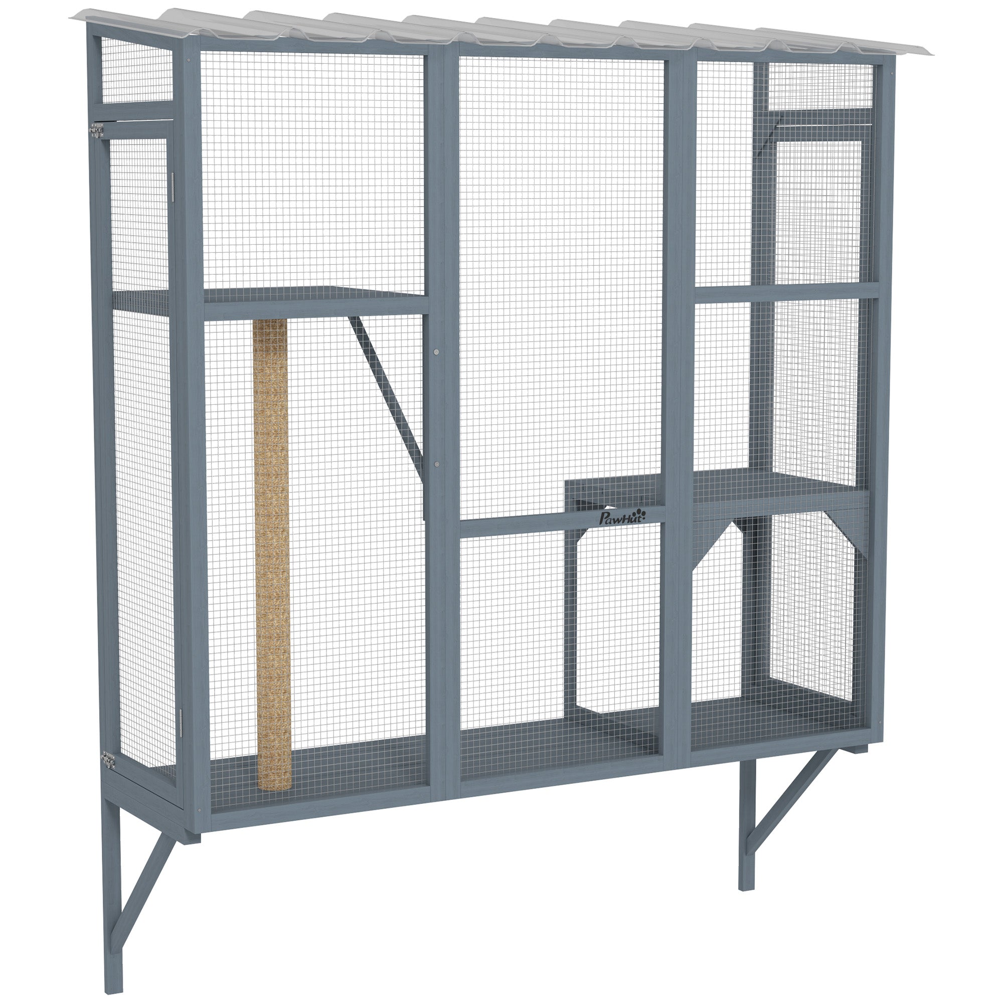 PawHut Wooden Catio Outdoor, Cat Window Box Enclosure for 2-3 Large Cats with 2 Jumping Platforms & Scratching Post, Grey