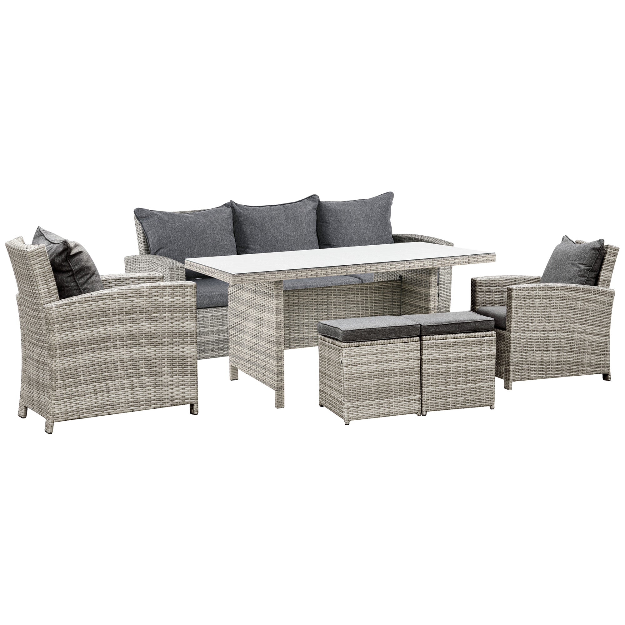 Outsunny 6 Pcs Patio Furniture Set, Rattan Outdoor Furniture Set with 3 Seater Sofa, Armchairs, Footstools and Table, Light Grey