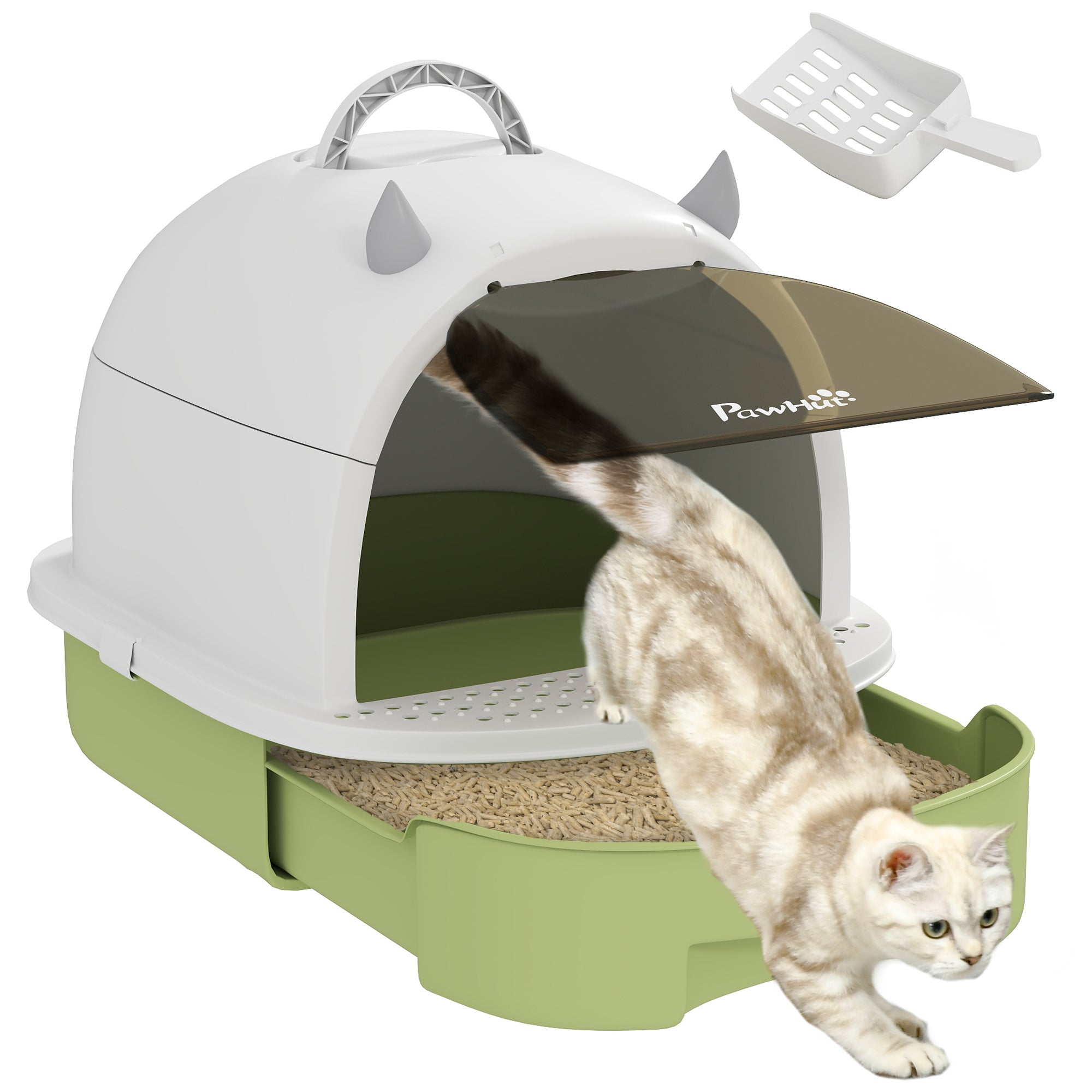 PawHut Cat Litter Box with Lid, Front Door Flap, Scoop, Handle, Easy Clean, for Small and Medium Cats, Green