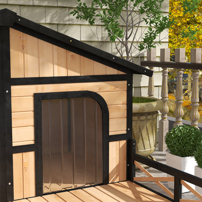 PawHut 59"x64"x39" Wood Dog House Outdoor Cabin-Style Elevated Pet Shelter with Porch Deck, Beige