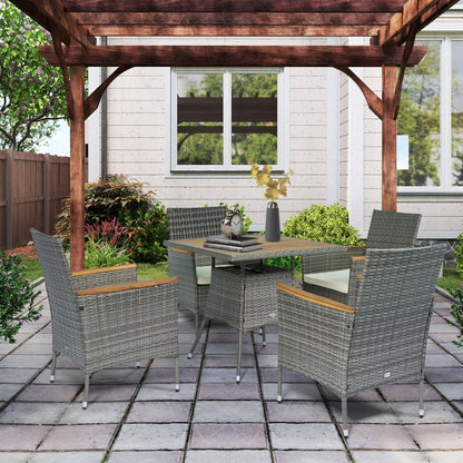 Outsunny 5 Piece Rattan Patio Dining Set with Umbrella Hole, Cushions, Outdoor Patio Table and Chairs for Garden Backyard, Teak