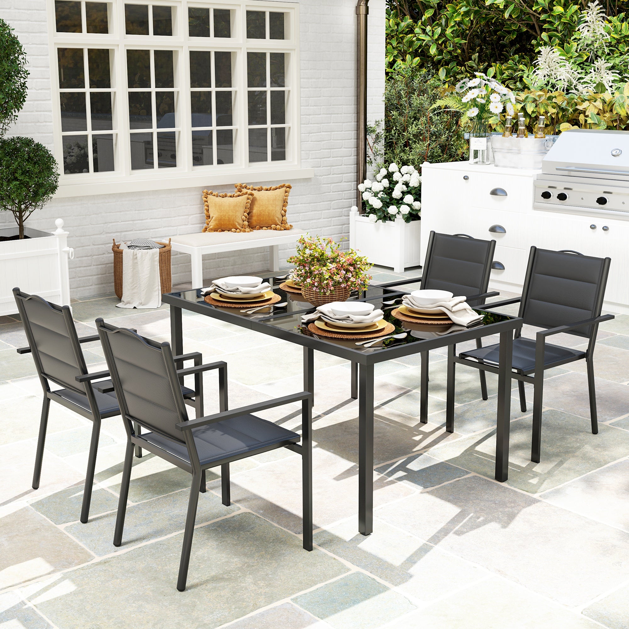 Outsunny 5 Piece Outdoor Dining Set w/ 4 Stackable Chairs, Rectangle Table, Tempered Glass Top, Steel Frame, Black