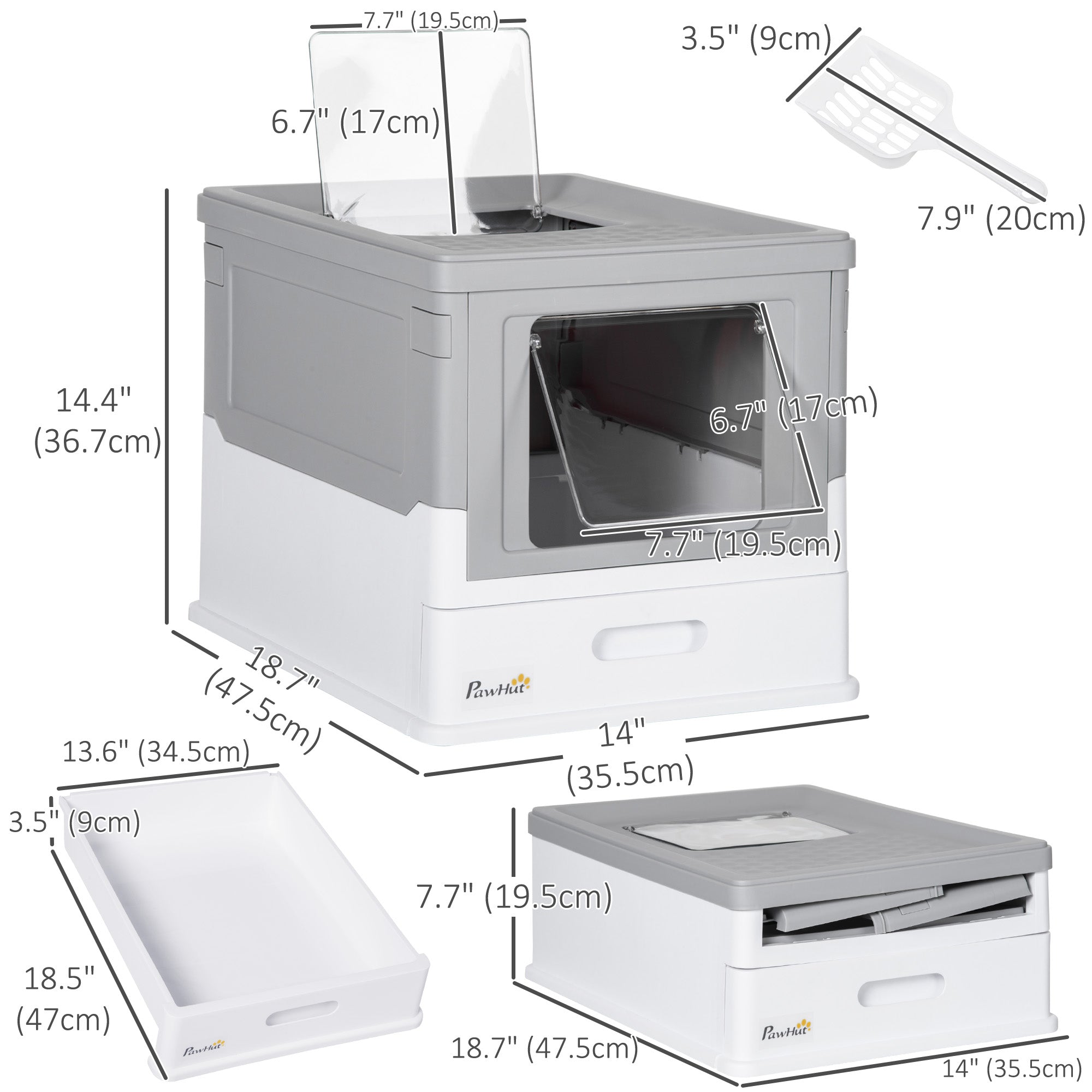PawHut Top Entry Enclosed Kitty Litter Box with Scoop, Tray, Front Entry, Large Space, Foldable, Portable, Grey