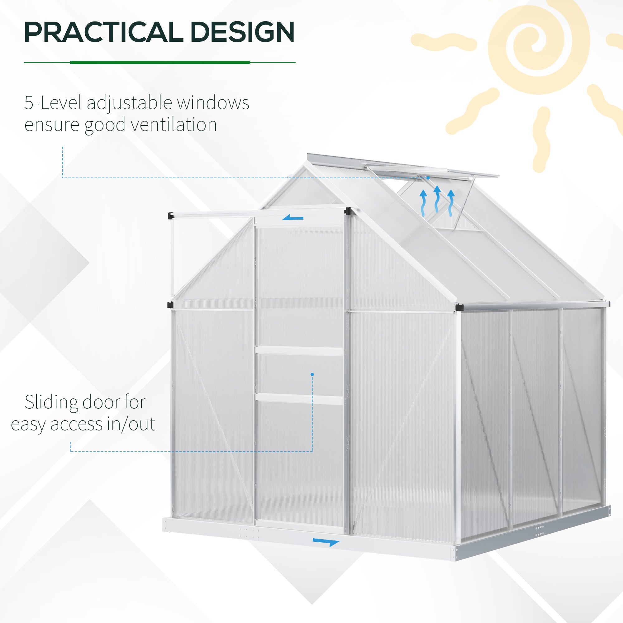 Outsunny 6' x 6' x 6.5' Polycarbonate Greenhouse, Walk-in Green House with Adjustable Roof Vent, Galvanized Base, Sliding Door and Rain Gutter for Outdoor, Garden, Backyard, Clear