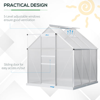 Outsunny 6' x 6' x 6.5' Polycarbonate Greenhouse, Walk-in Green House with Adjustable Roof Vent, Galvanized Base, Sliding Door and Rain Gutter for Outdoor, Garden, Backyard, Clear