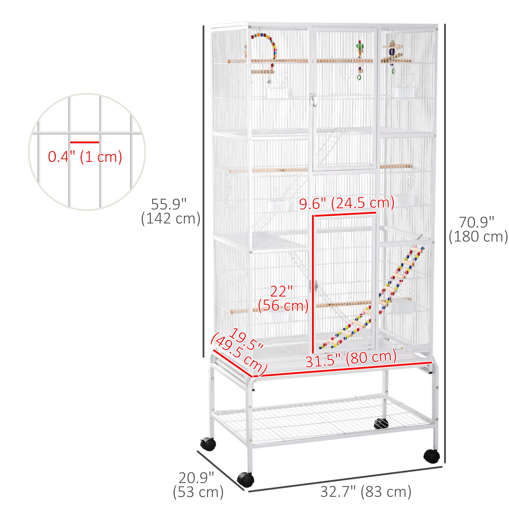 PawHut 71" Bird Cage with Wheels Perches, Ramp, Storage Shelf, Toys for Canaries, Finches, Cockatiels, Parakeets, White