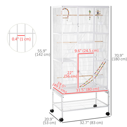 PawHut 71" Bird Cage with Wheels Perches, Ramp, Storage Shelf, Toys for Canaries, Finches, Cockatiels, Parakeets, White