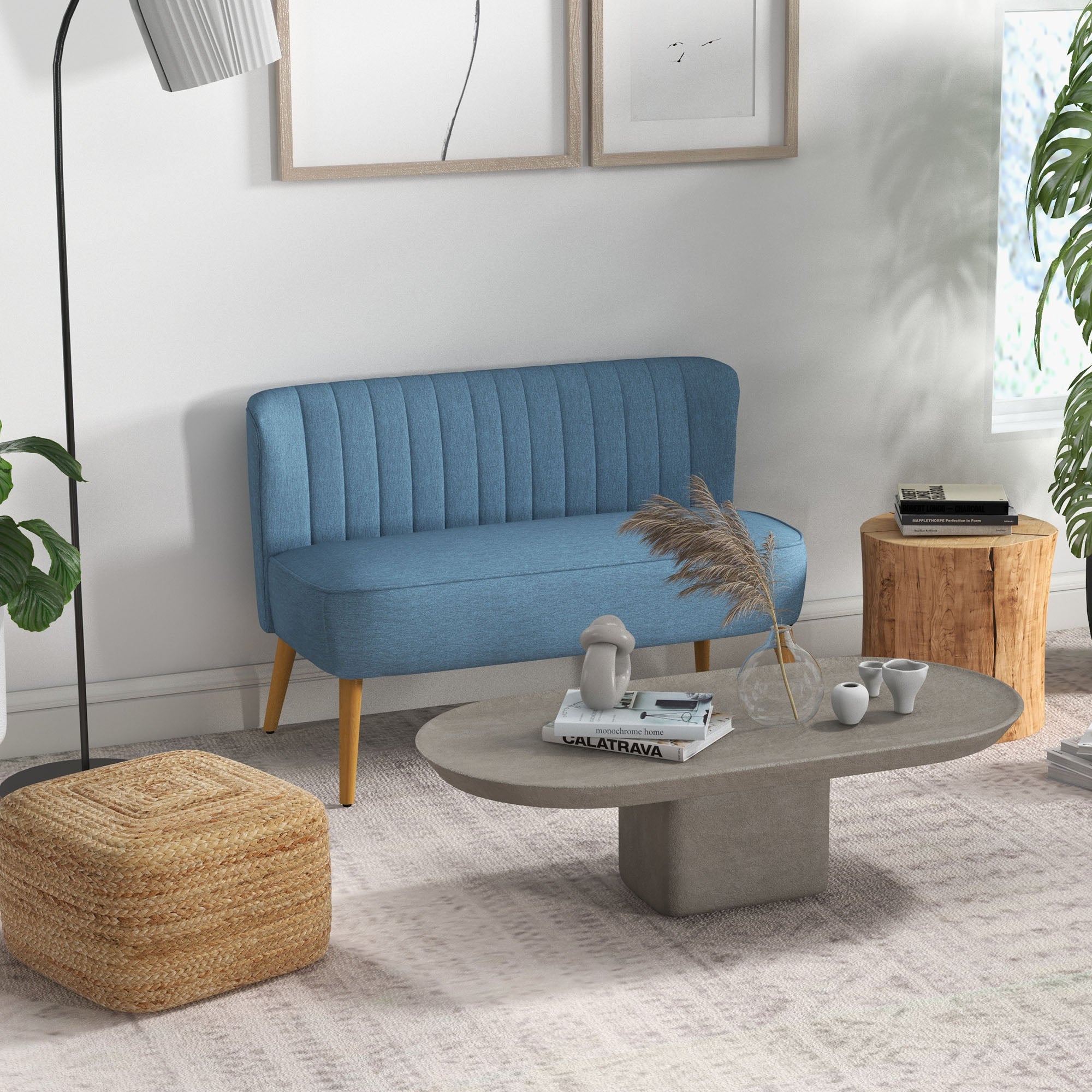 HOMCOM Modern 2 Seat Sofa for Bedroom, Upholstered Two Seater Couch with Rubber Wood Legs, Blue