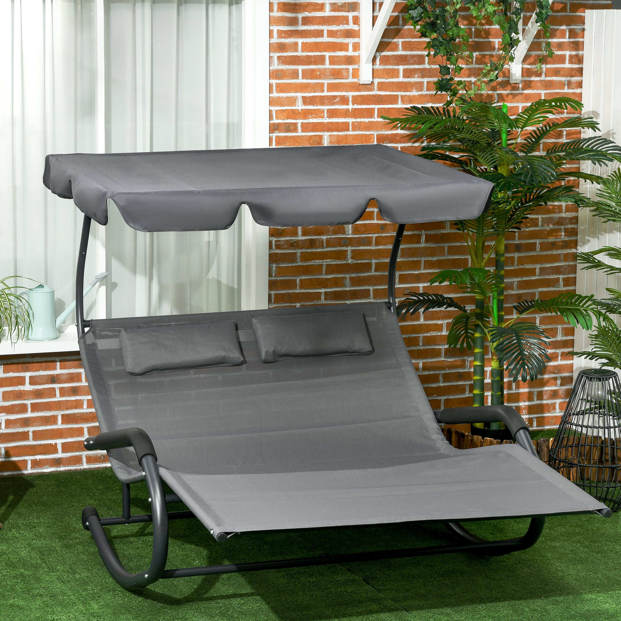 Outsunny Patio Outdoor Bed, Outdoor Chaise Sun Lounger for Two Person with Adjustable Canopy, Detachable Pillows, and Wheels for Sun Room, Garden, Poolside, Dark Gray