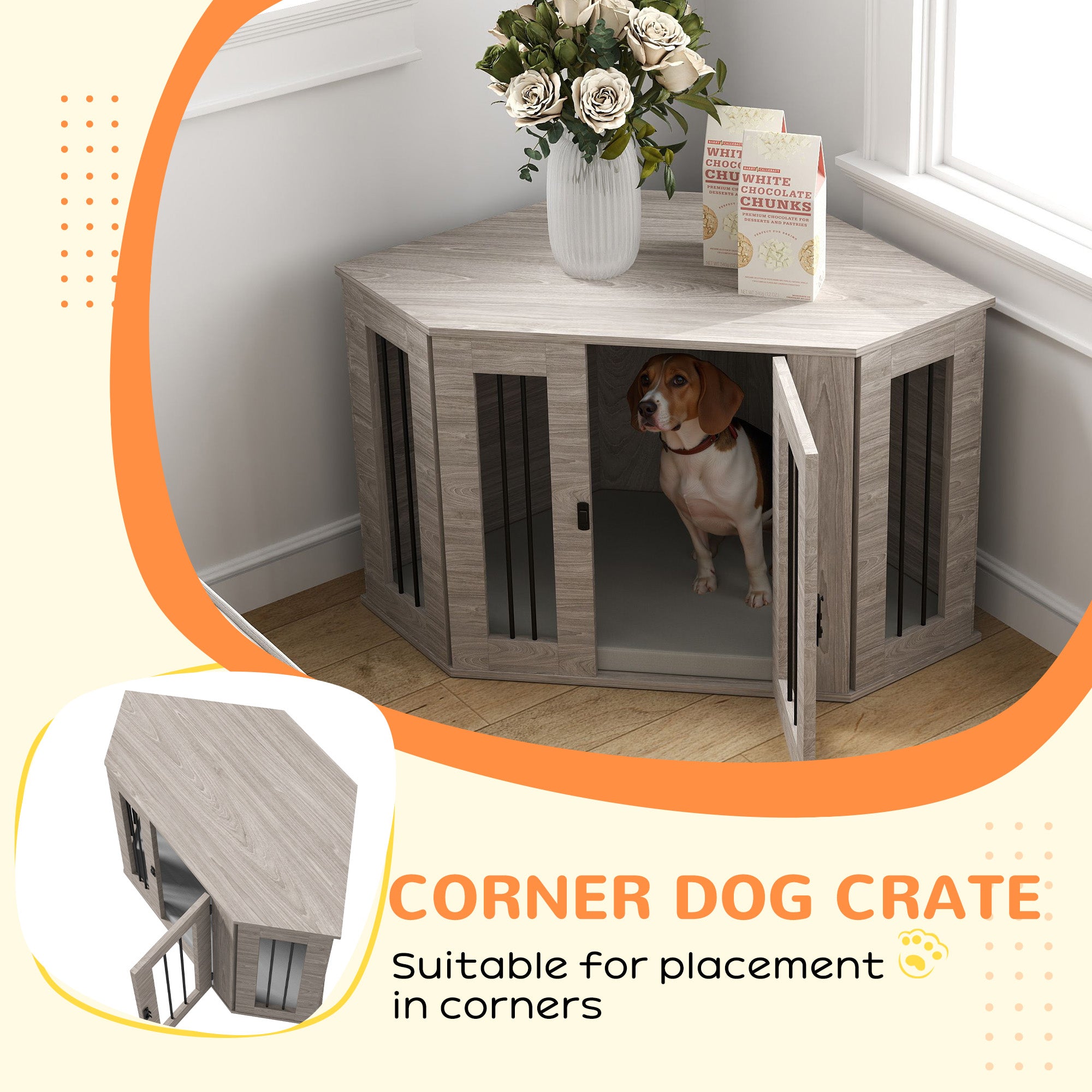 PawHut Dog Crate Furniture with Cushion, 41 Inch Corner Design Dog Crate End Table for Medium Dogs, Grey
