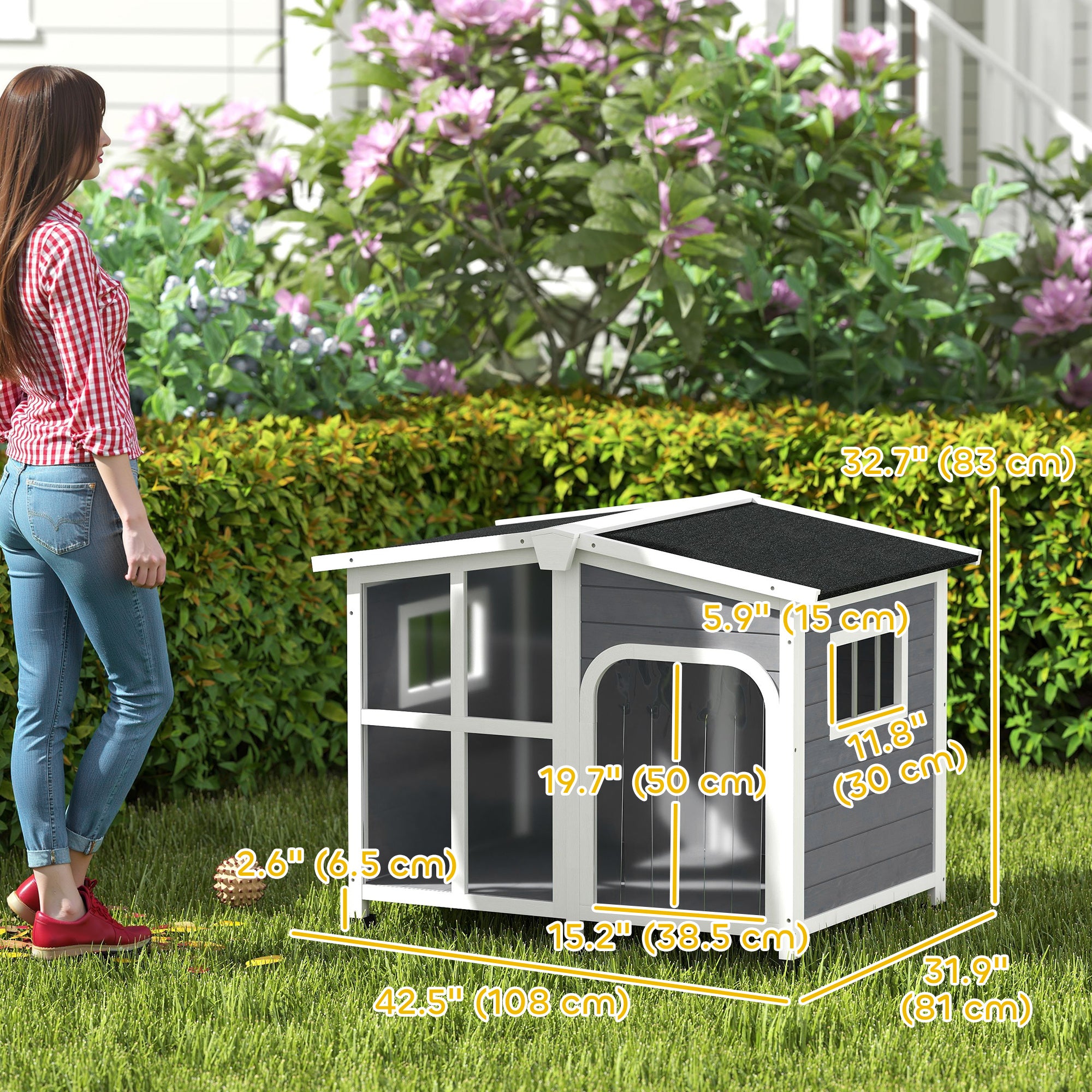 PawHut Wooden Dog House, Raised Pet Kennel with Removable Bottom, Openable Asphalt Roof, Door Curtain, Side Windows, Dark Grey