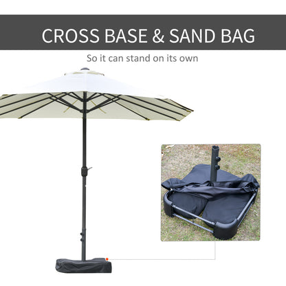 Outsunny 15' Outdoor Patio Umbrella with Twin Canopy Sunshade Steel Table Umbrella w/ Lift Crank, Cross base, Sandbag, Beige