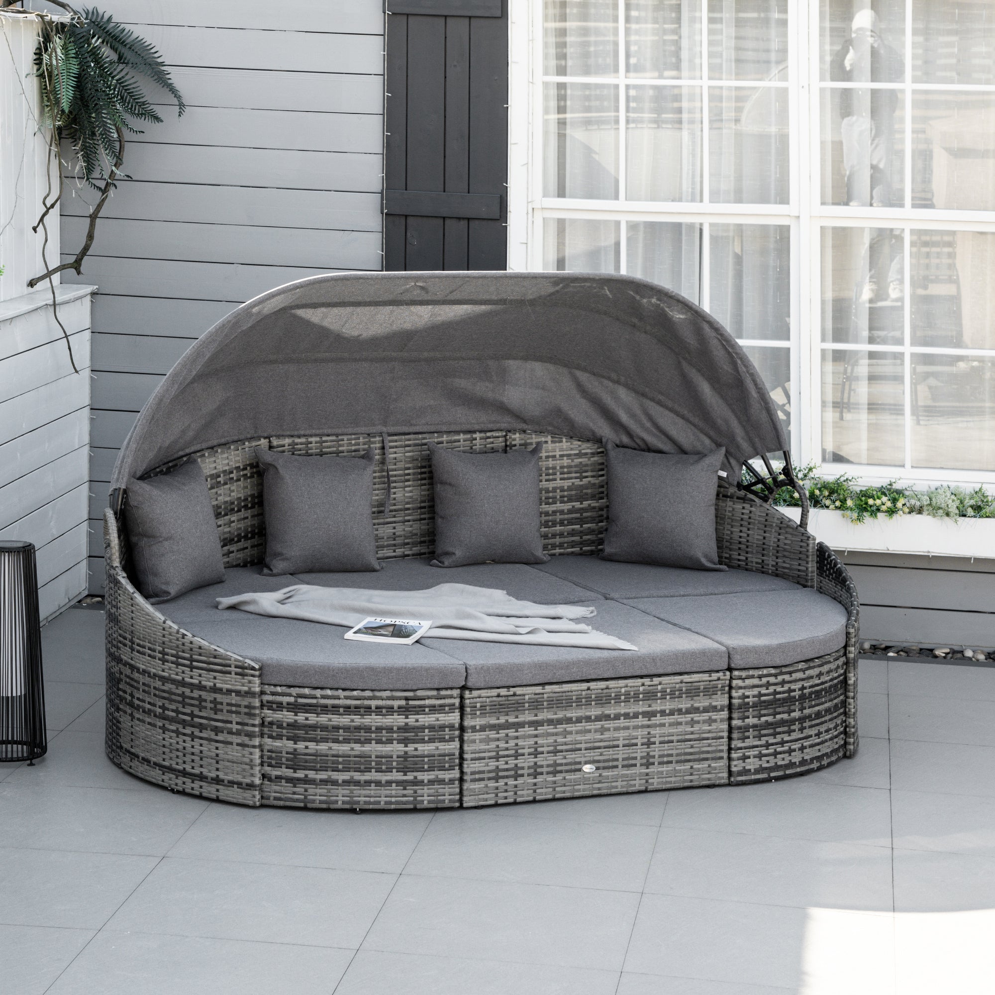 Outsunny 4 Pieces Patio PE Wicker Round Daybed, Outdoor Rattan Garden Lounge Furniture Sets, Grey