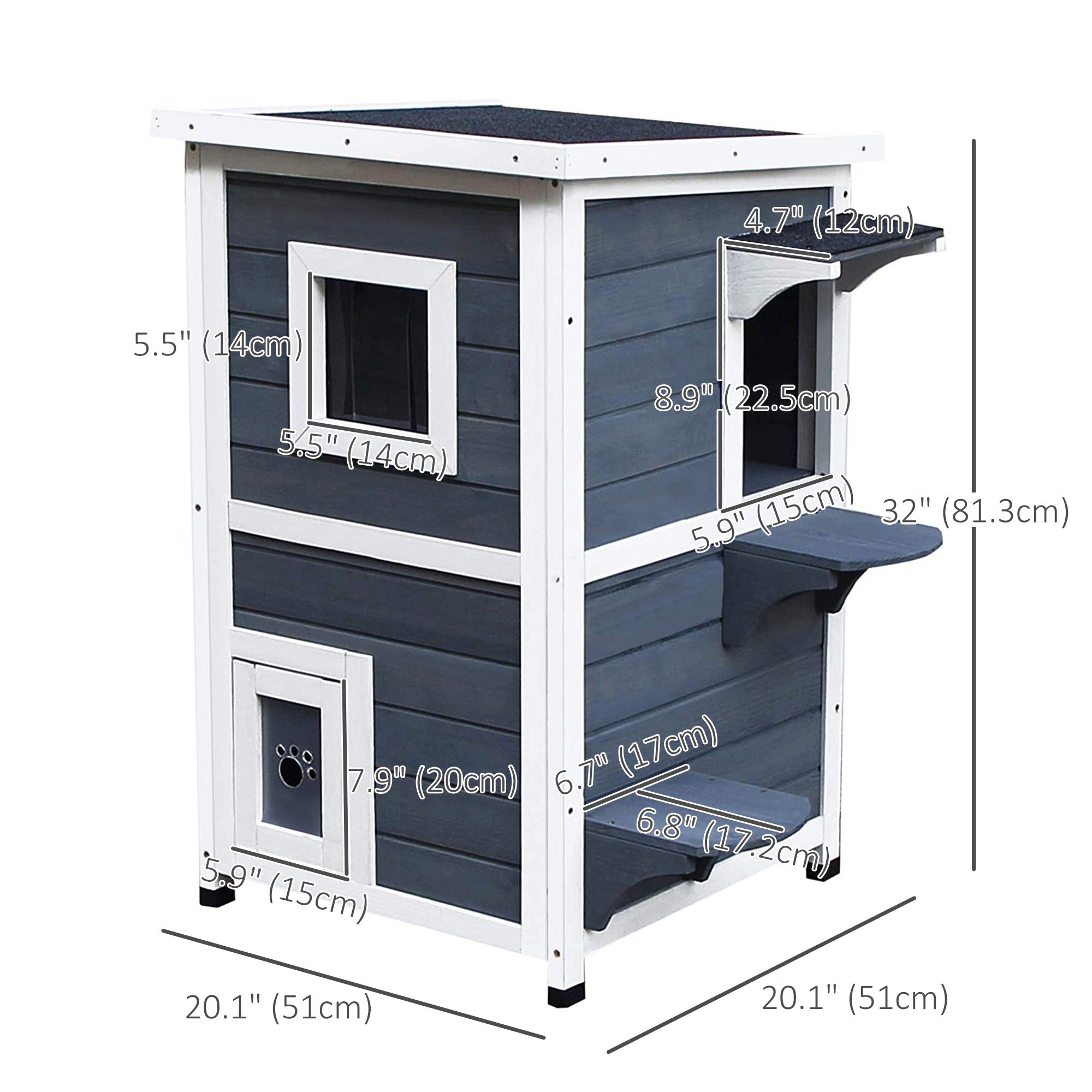 PawHut 2 Story Wooden Outdoor Cat House with Windows, Platforms, Openable Top, Asphalt Roof, Grey
