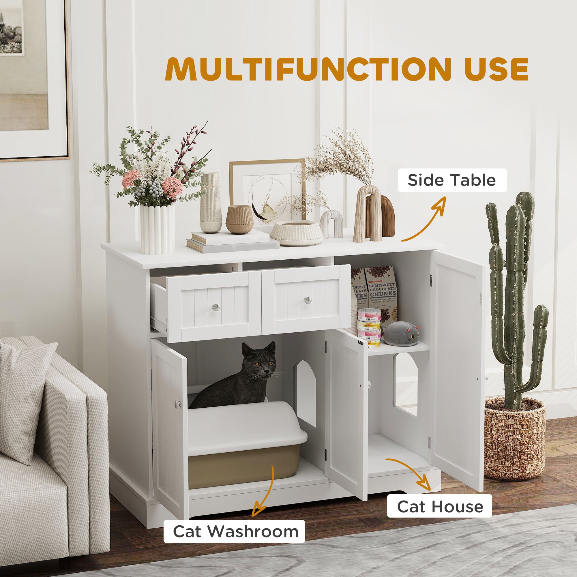 PawHut Cat Litter Box Enclosure with Drawer, Storage, Anti-tip Kit, for Living Room, Bedroom, White