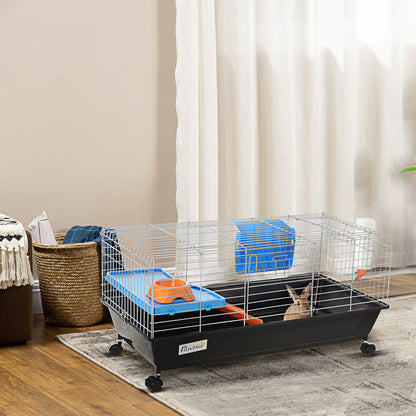 PawHut Small Animal Cage, Rolling Bunny Cage, Guinea Pig Cage with Food Dish, Water Bottle, Hay Feeder, Platform, Ramp, Black