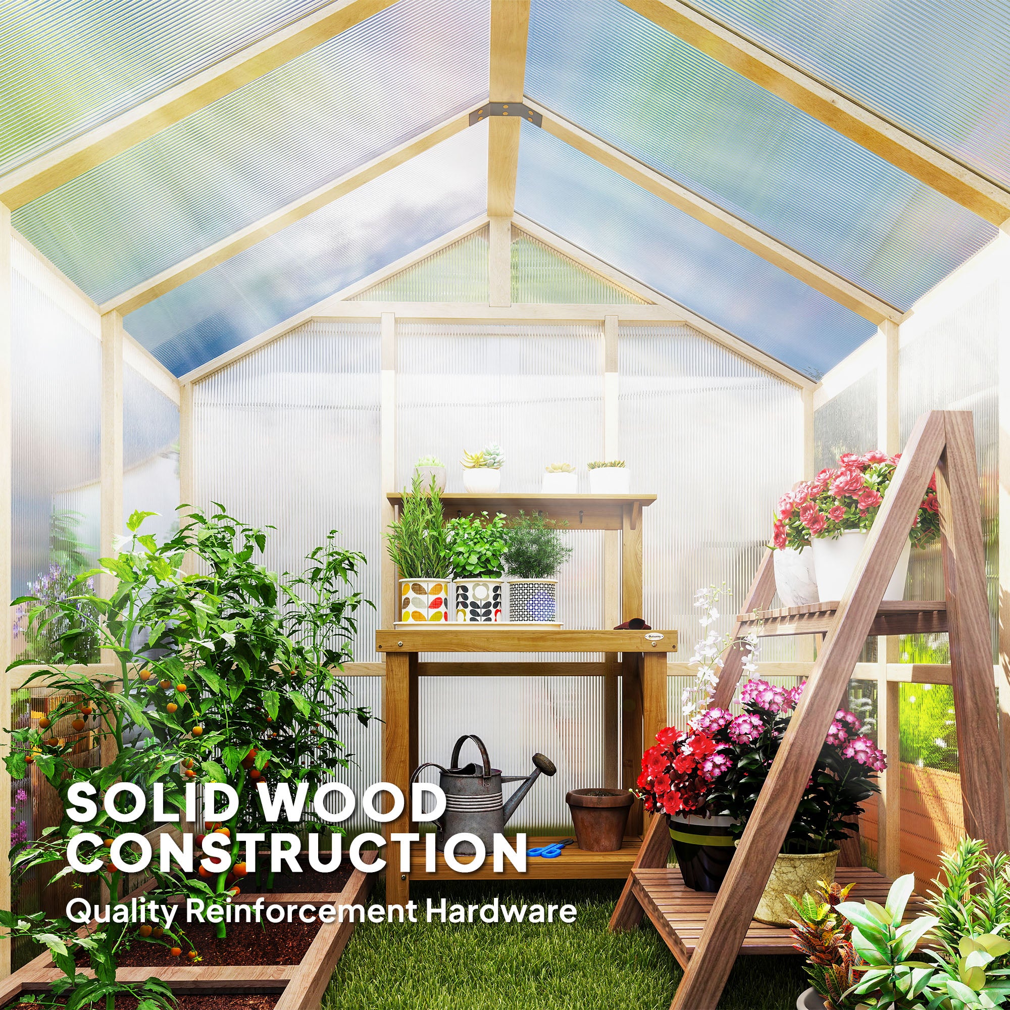 Outsunny 6.6 x 6ft Polycarbonate Greenhouse Wooden Green House with Thickened Polycarbonate Sheets, Lockable Door, Brown