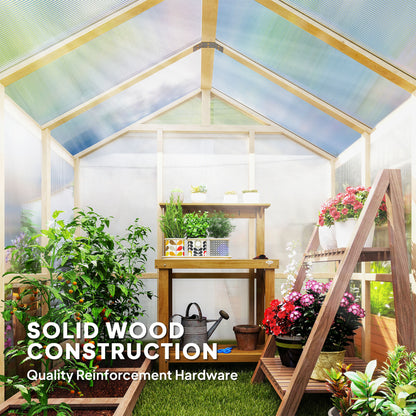 Outsunny 6.6 x 6ft Polycarbonate Greenhouse Wooden Green House with Thickened Polycarbonate Sheets, Lockable Door, Brown