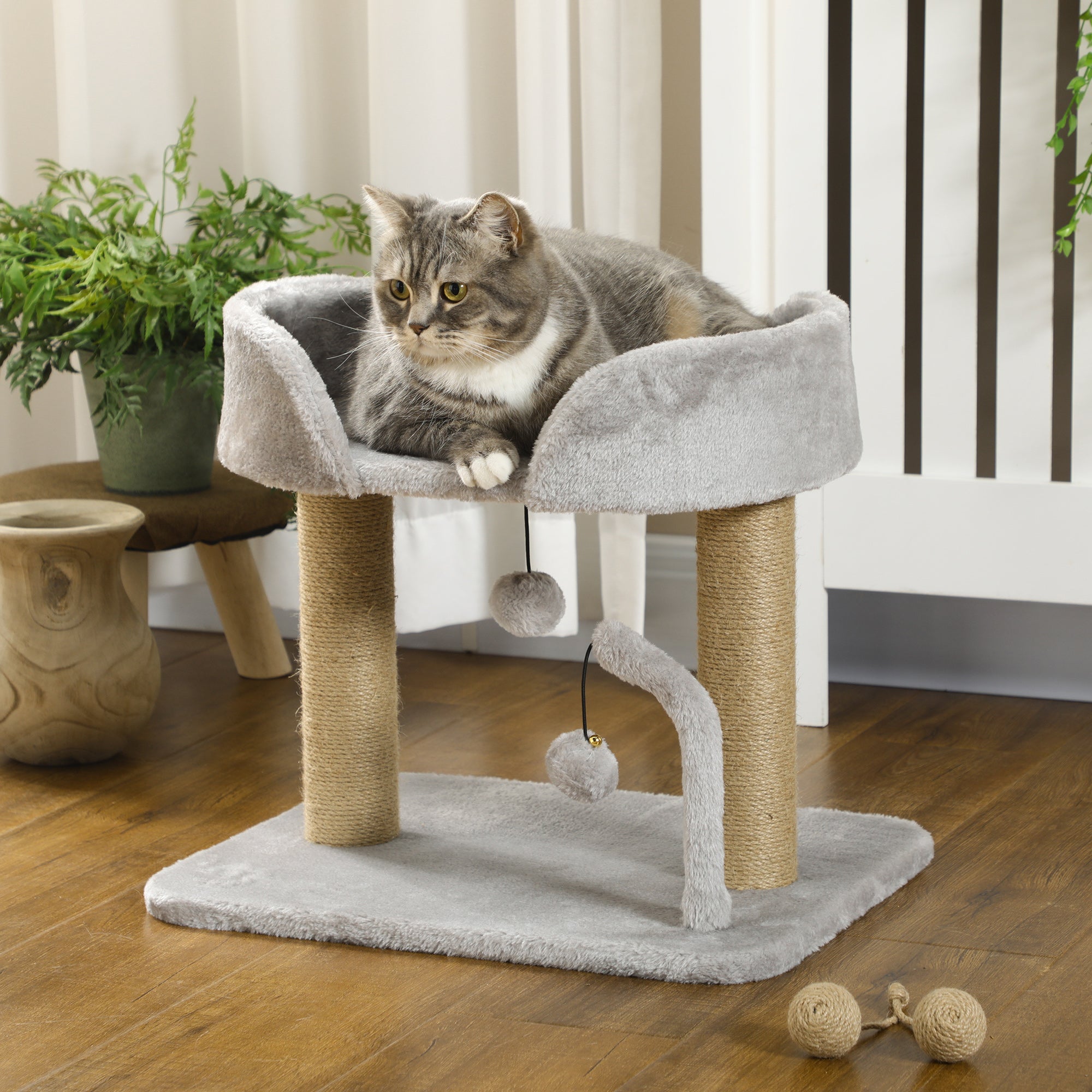 PawHut Cat Tower Condo for Indoor Cats, Small Cat Tree with Jute Scratching Posts, Top Perch, Dangling Balls, Light Grey