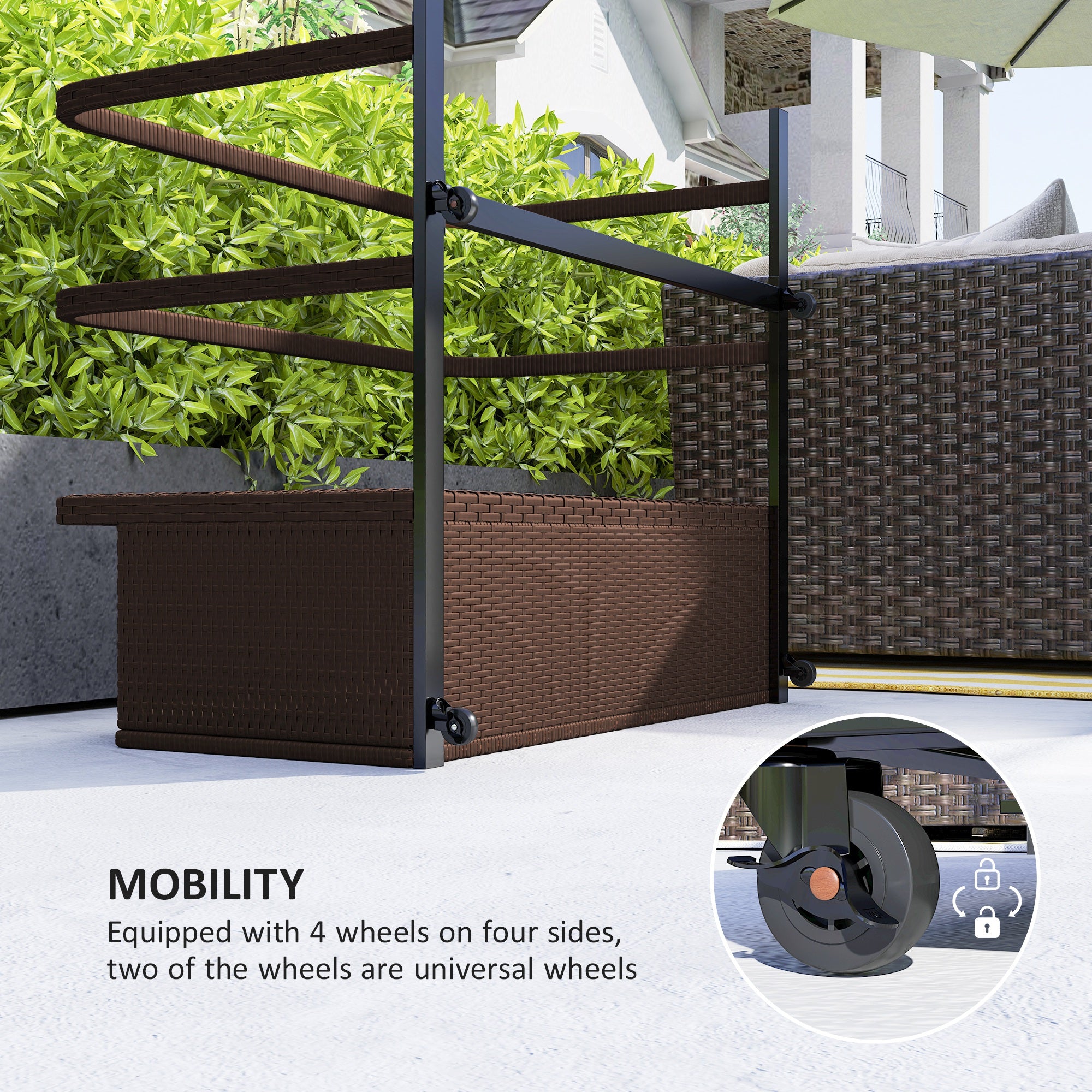 Outsunny Rolling Pool Storage Rattan Patio Furniture Outdoor Storage Wicker Organizer for Floats, Paddles, Balls, Towels, Brown