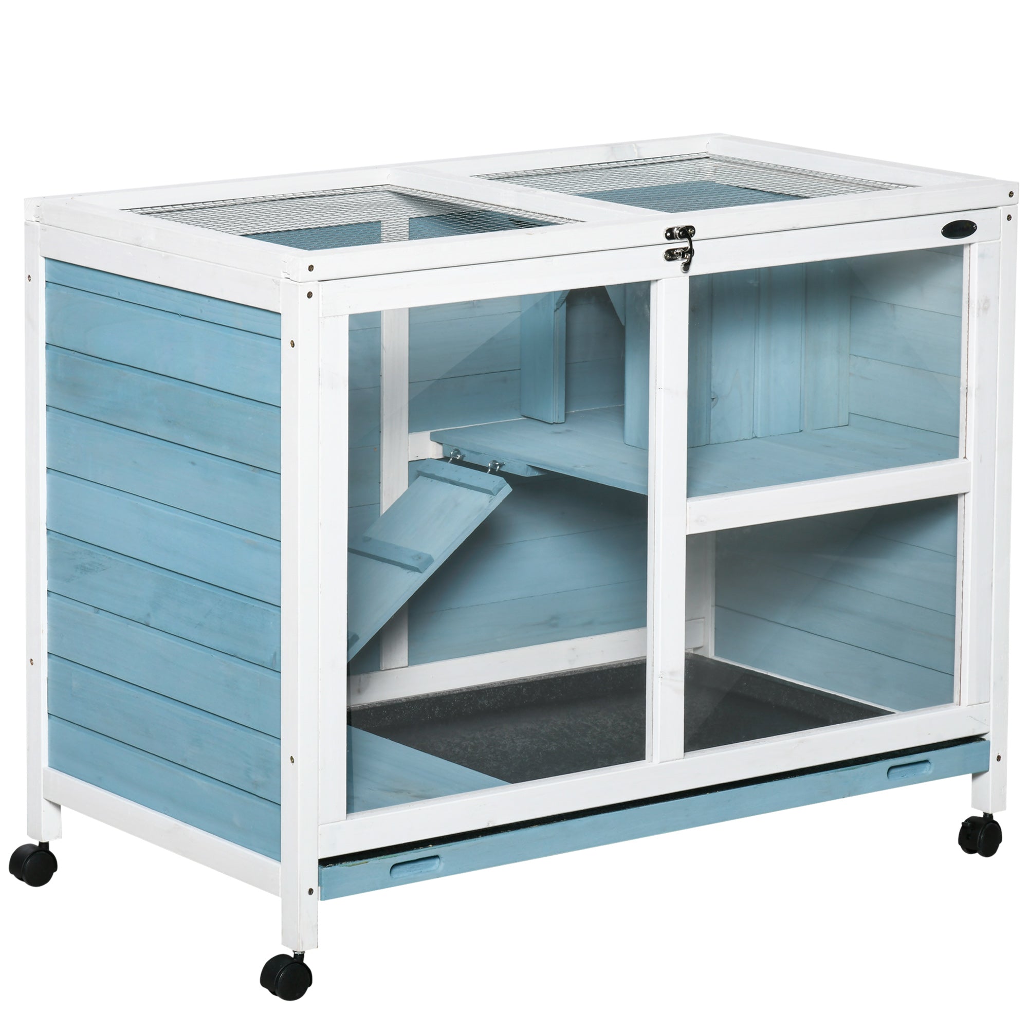 PawHut Indoor Rabbit Hutch with Wheels, Bunny Cage Guinea Pig House W/ Top Access, Ramp, Pull Out Tray, Blue