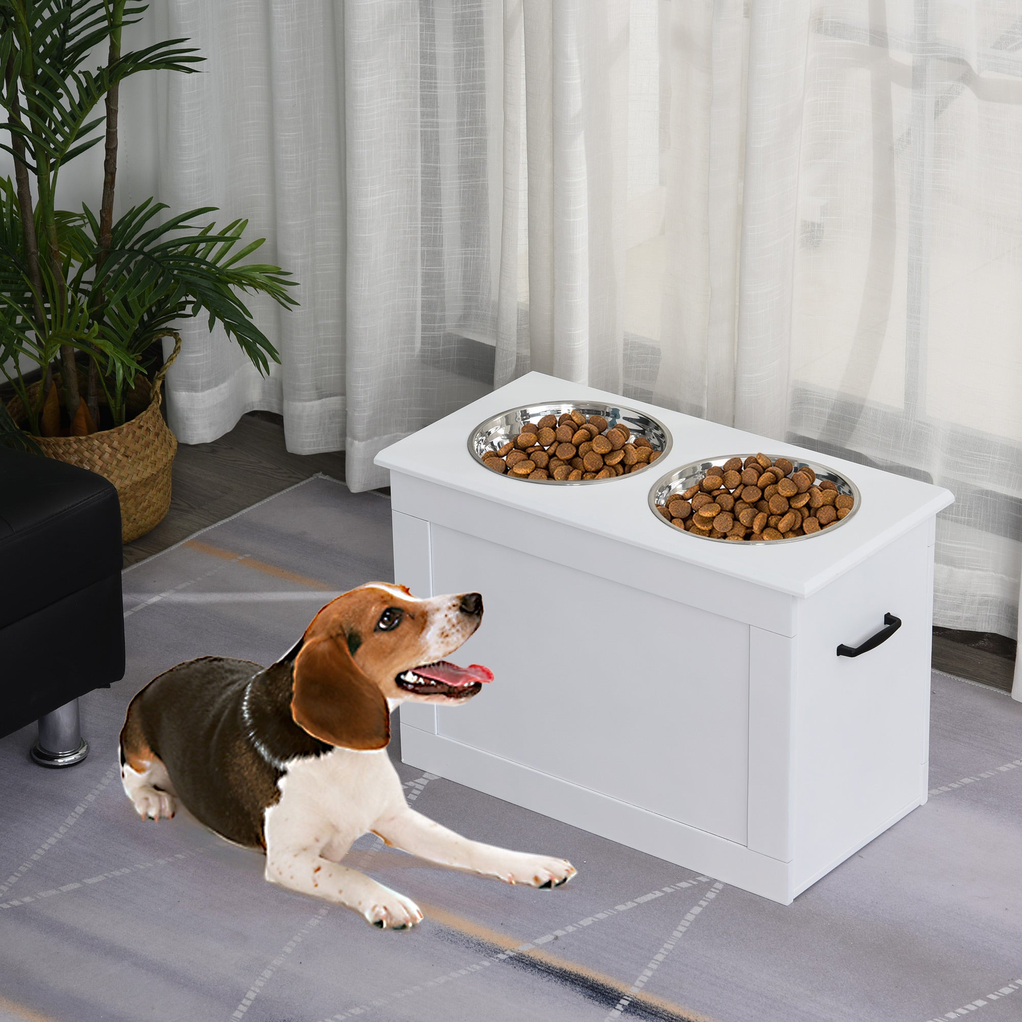 PawHut Large Elevated Pet Feeder with Storage Dog Pet Diner Function 2 Stainless Steel Dog Bowls Elevated Base for Large Dogs and Other Large Pet, White