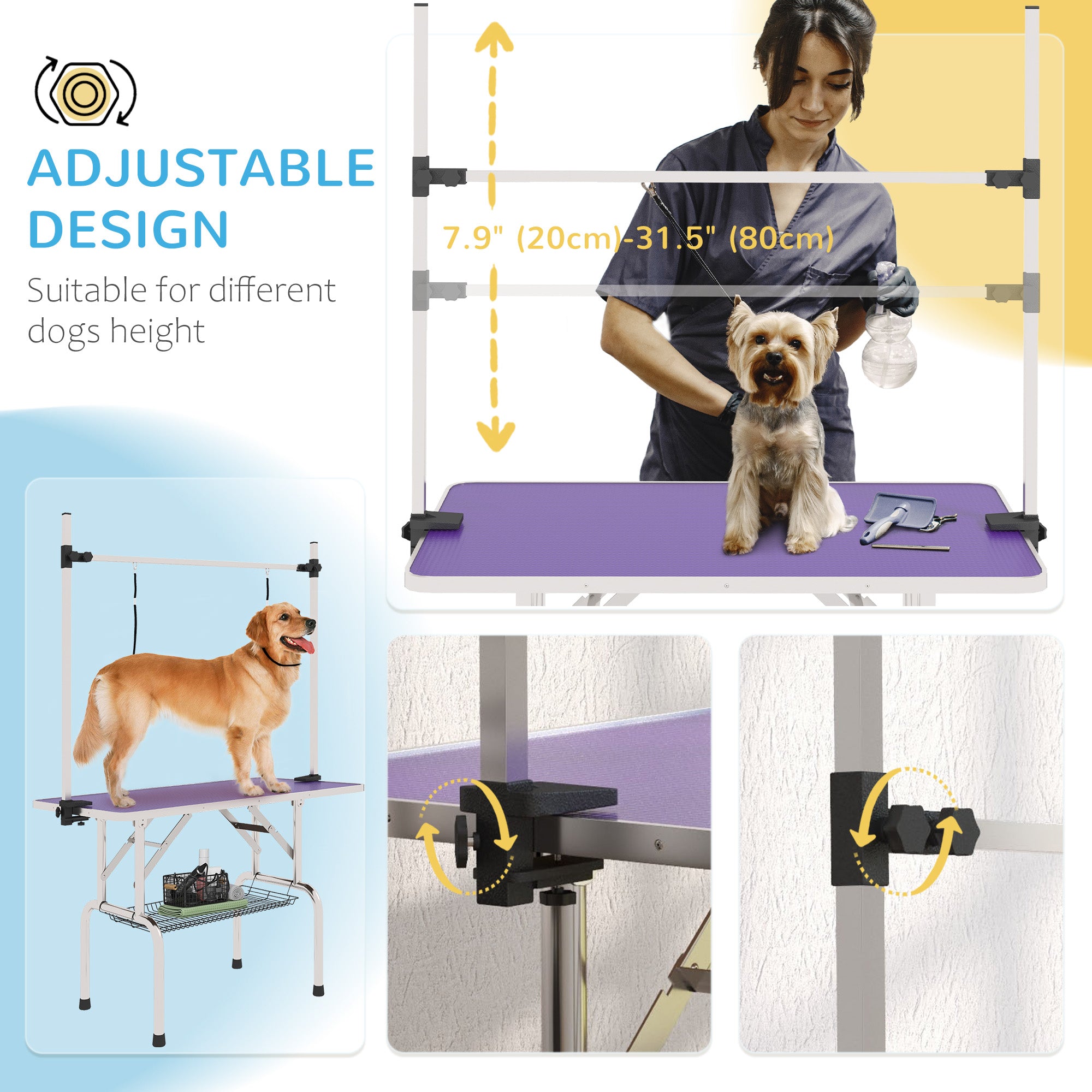 PawHut Adjustable Dog Grooming Table with 2 Safety Slings, Storage Basket, Purple