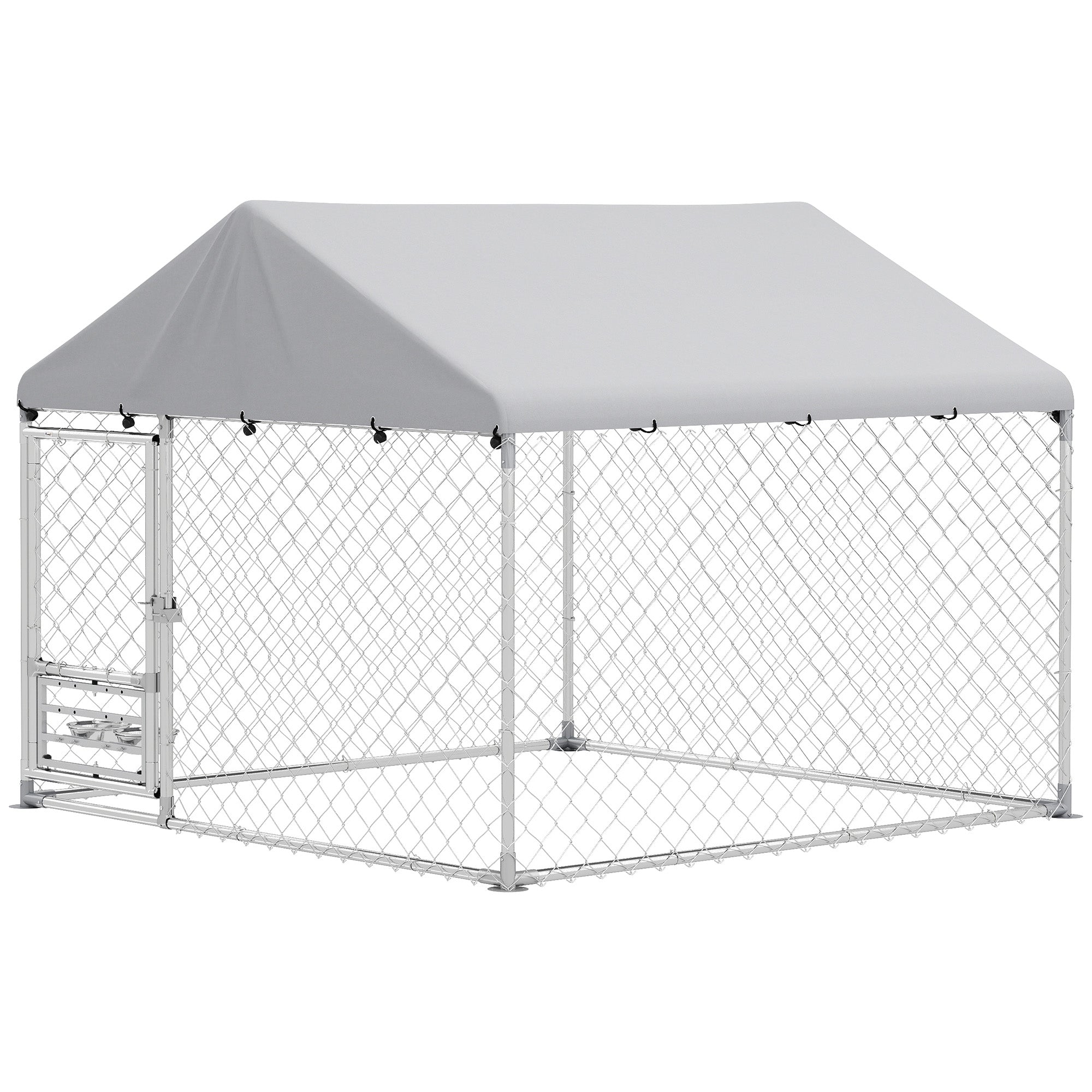PawHut Outdoor Dog Run w/ Adjustable & Rotating Bowls, Waterproof UV-Resistant Cover, Secure Lock, 6.6' x 6.6' x 5.1'
