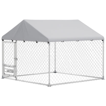 PawHut Outdoor Dog Run w/ Adjustable & Rotating Bowls, Waterproof UV-Resistant Cover, Secure Lock, 6.6' x 6.6' x 5.1'