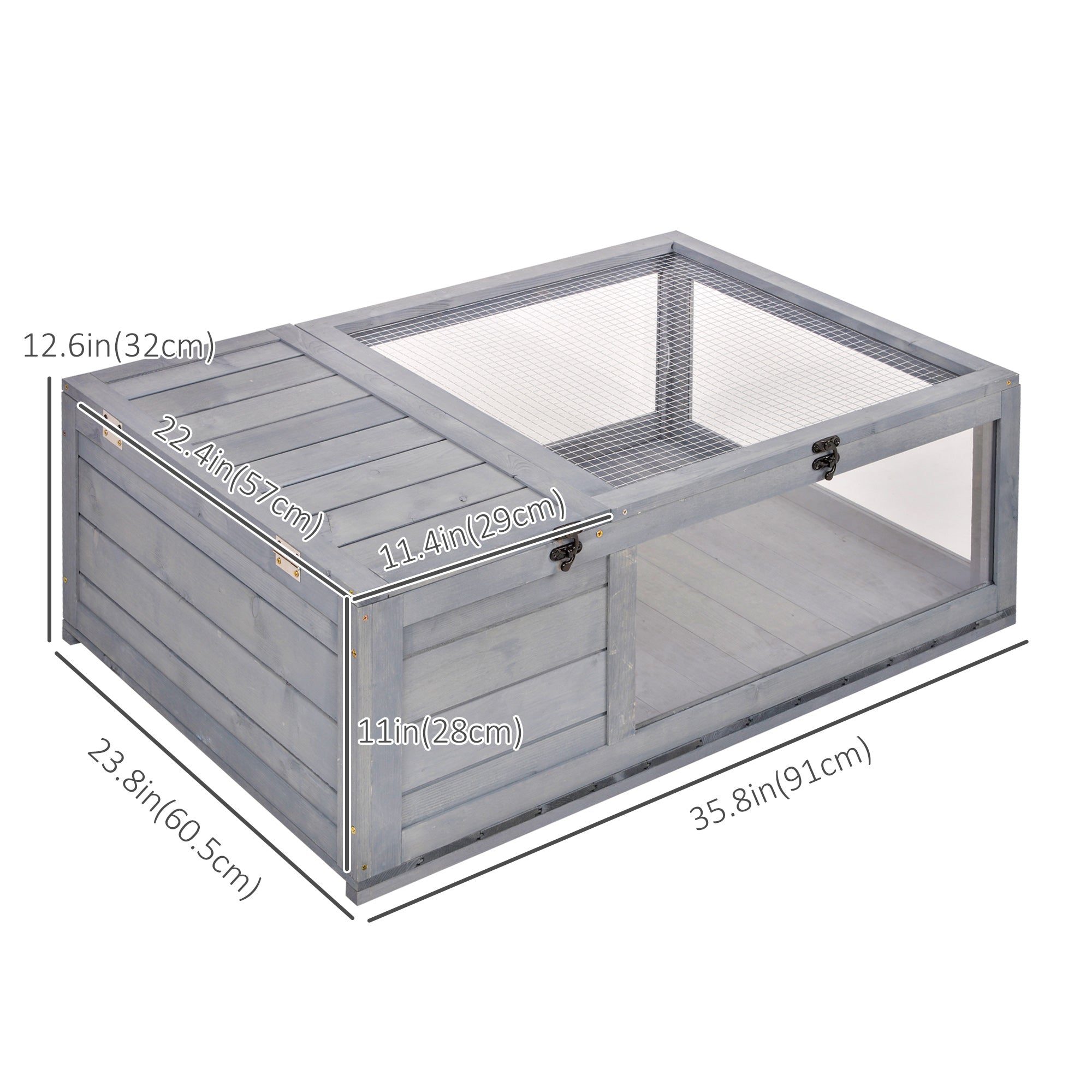 PawHut Wood Tortoise House for Lizards, Geckos, Indoor Outdoor Use, 35.8" x 23.8" x 12.6", Grey