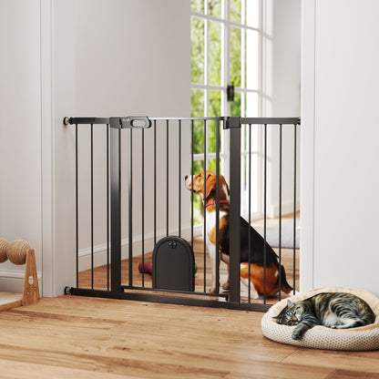 PawHut 30"-52" Extra Wide Pet Gate Barrier with Small Door, 35"H Dog Gate with Safety Gate Barrier, Stair Pressure Fit, Black