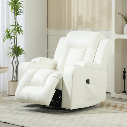 HOMCOM Massage Recliner Chair for Living Room with 8 Vibration, Overstuffed PU Leather Manual Reclining Chair with Wide Seat, Cup Holders, 360° Swivel, Rocking, Cream White