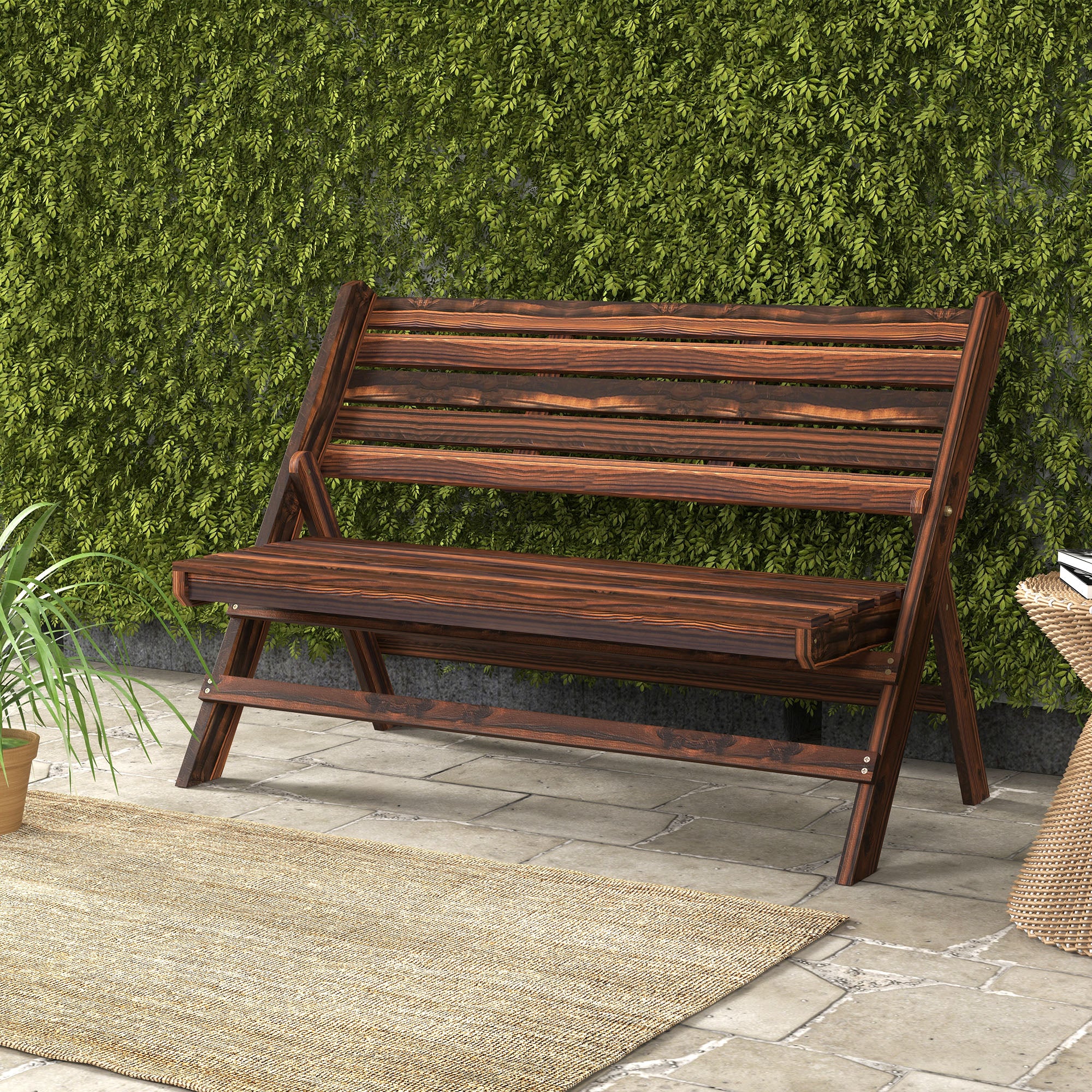 Outsunny 2-Seater Wooden Outdoor Bench, Foldable Garden Bench with Slatted Backrest and Seat, Patio Loveseat, Carbonised Finish