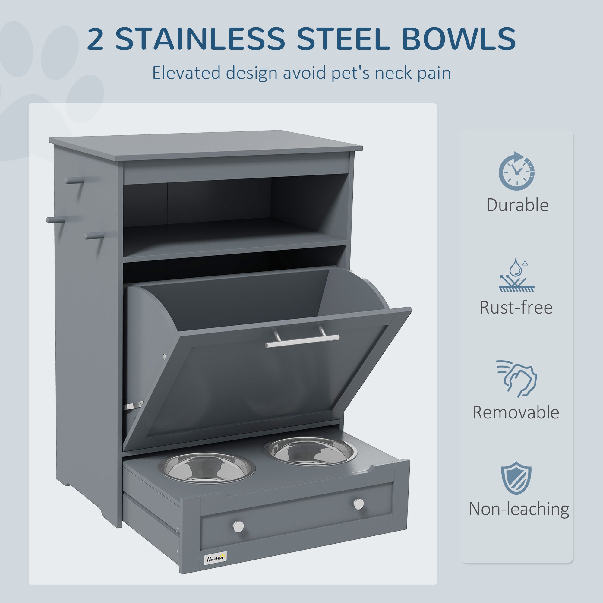 PawHut Pet Feeder Station Storage Cabinet, Dog Food Storage Container with Dog Raised Bowls, Watering Supplies, Grey
