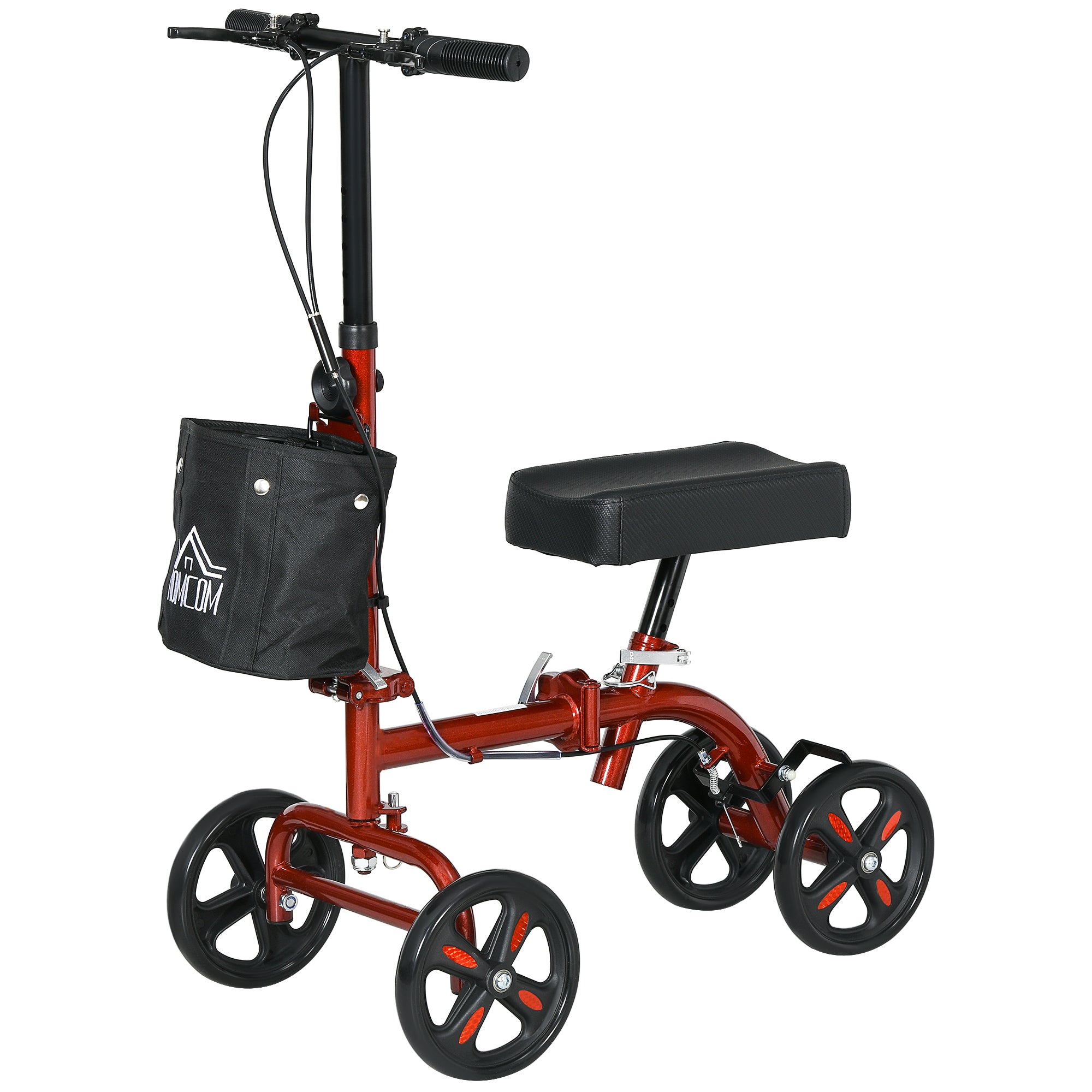HOMCOM Steerable Knee Walker, Foldable Knee Scooter with Dual Braking System, Adjustable Height, Crutch Alternative, Red