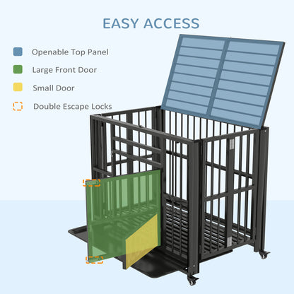 PawHut 37" Heavy Duty Dog Crate, Foldable Dog Cage on Wheels with Double Locks, Removable Tray, Openable Top, Double Doors, Indoor Outdoor Use, for Small and Medium Dogs - Black