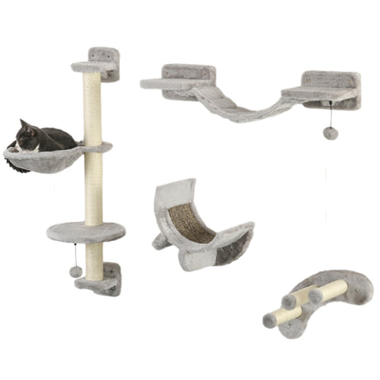 PawHut 4Pcs Cat Wall Shelf with Scratching Post, Cat Wall Shelves for Relaxing, Climbing, Cat Wall With Soft Ladder, Hammock, Play Balls, Grey