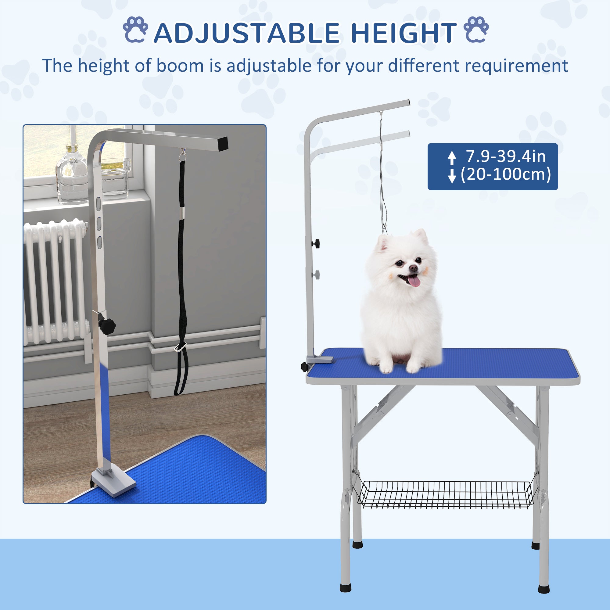 PawHut Foldable Grooming Table for Dogs with Height Adjustable Grooming Arm, Storage Shelf, Blue